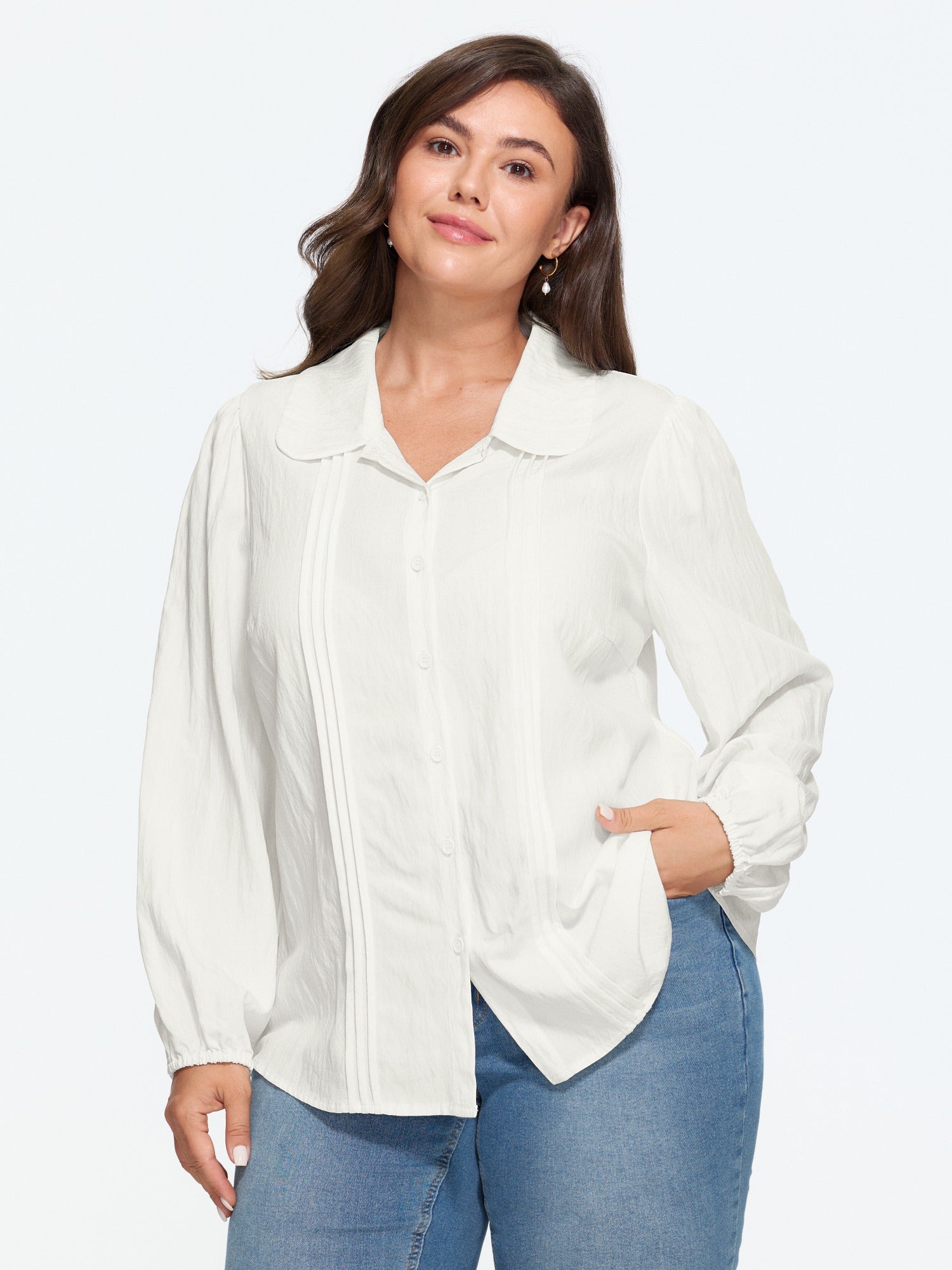 Peter Pan Collar Pleated Button‑Down Blouse