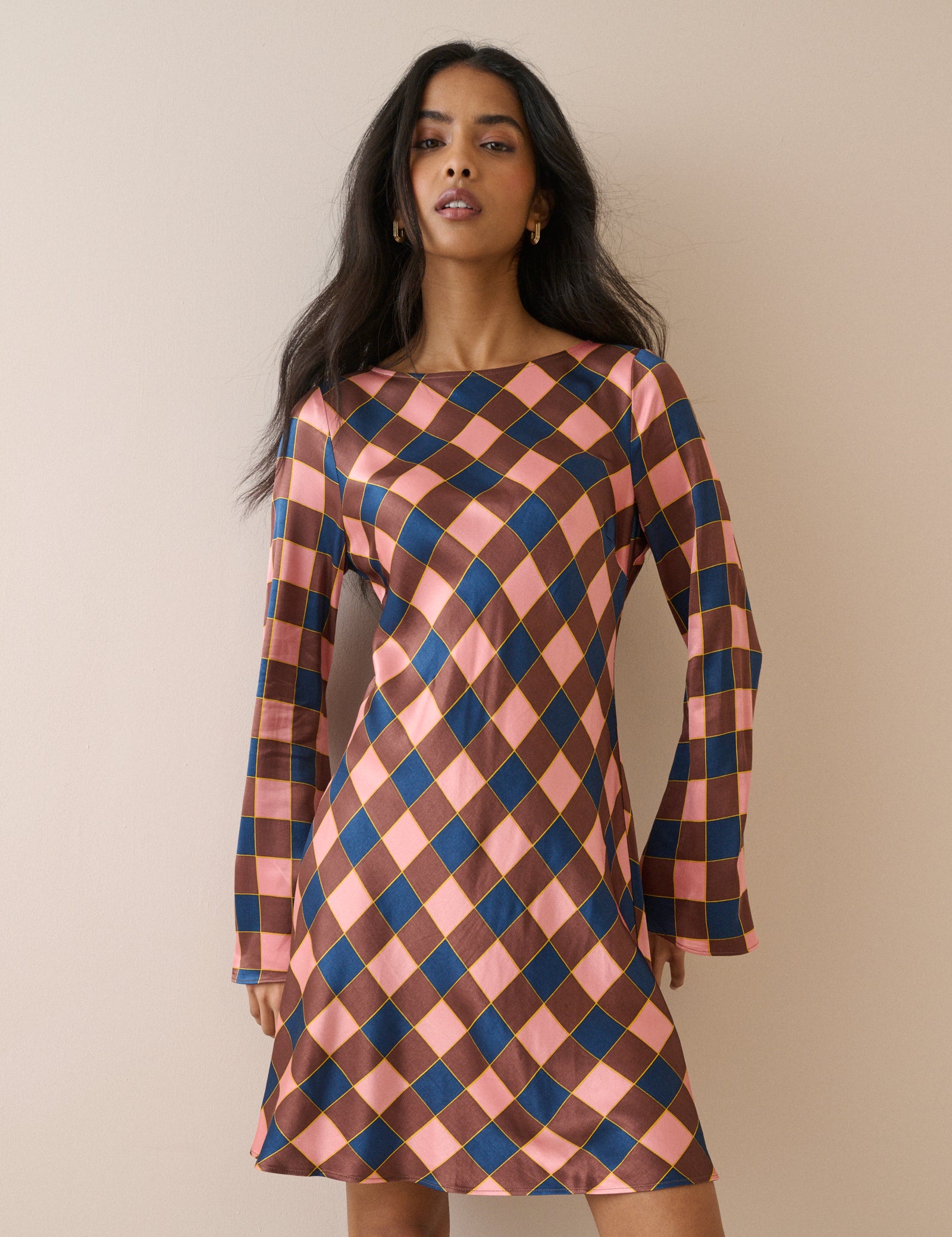 Brown and Pink Check Satin Romy Mini Dress