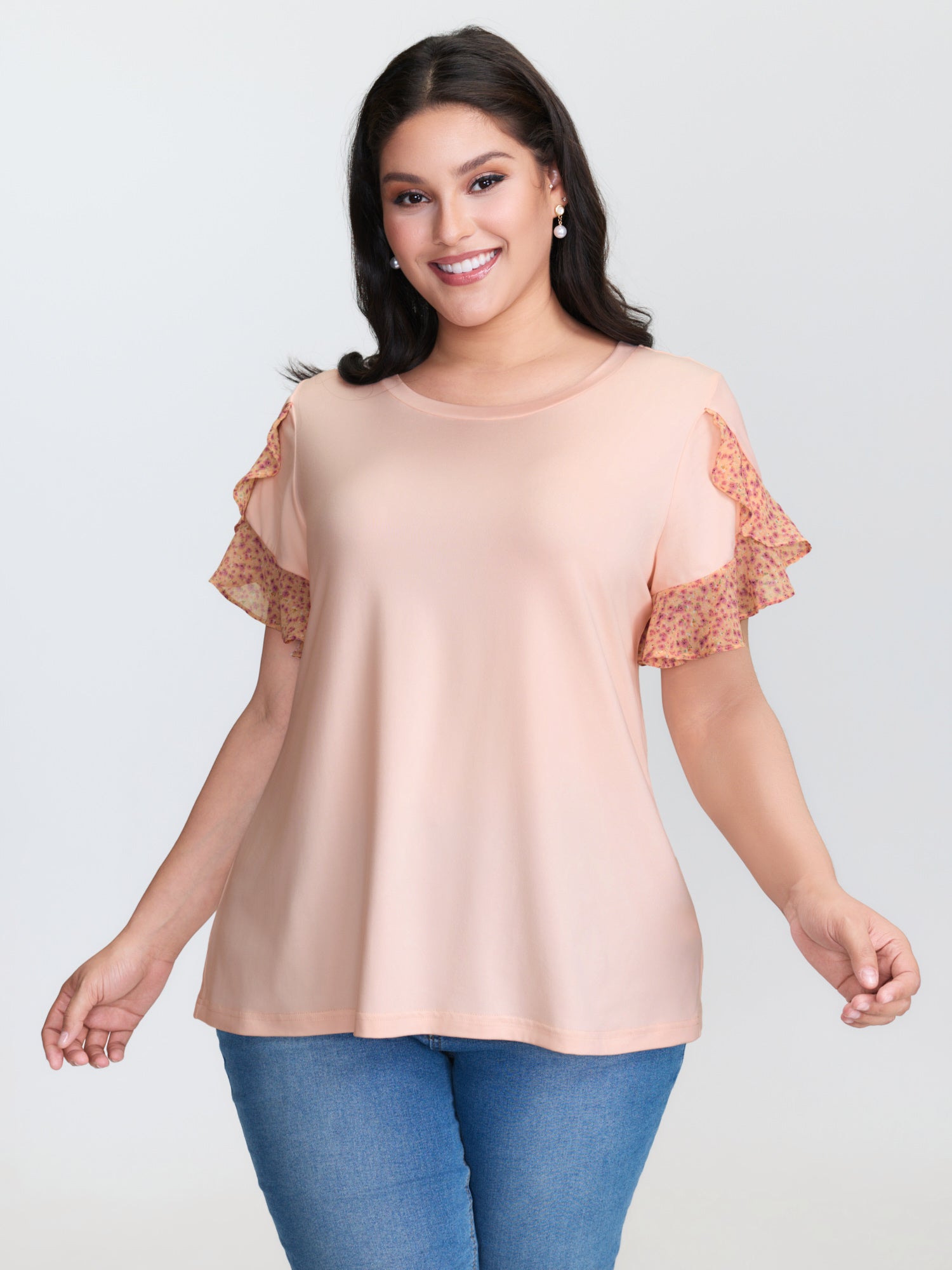 Floral Ruffled Sleeve Knit Top