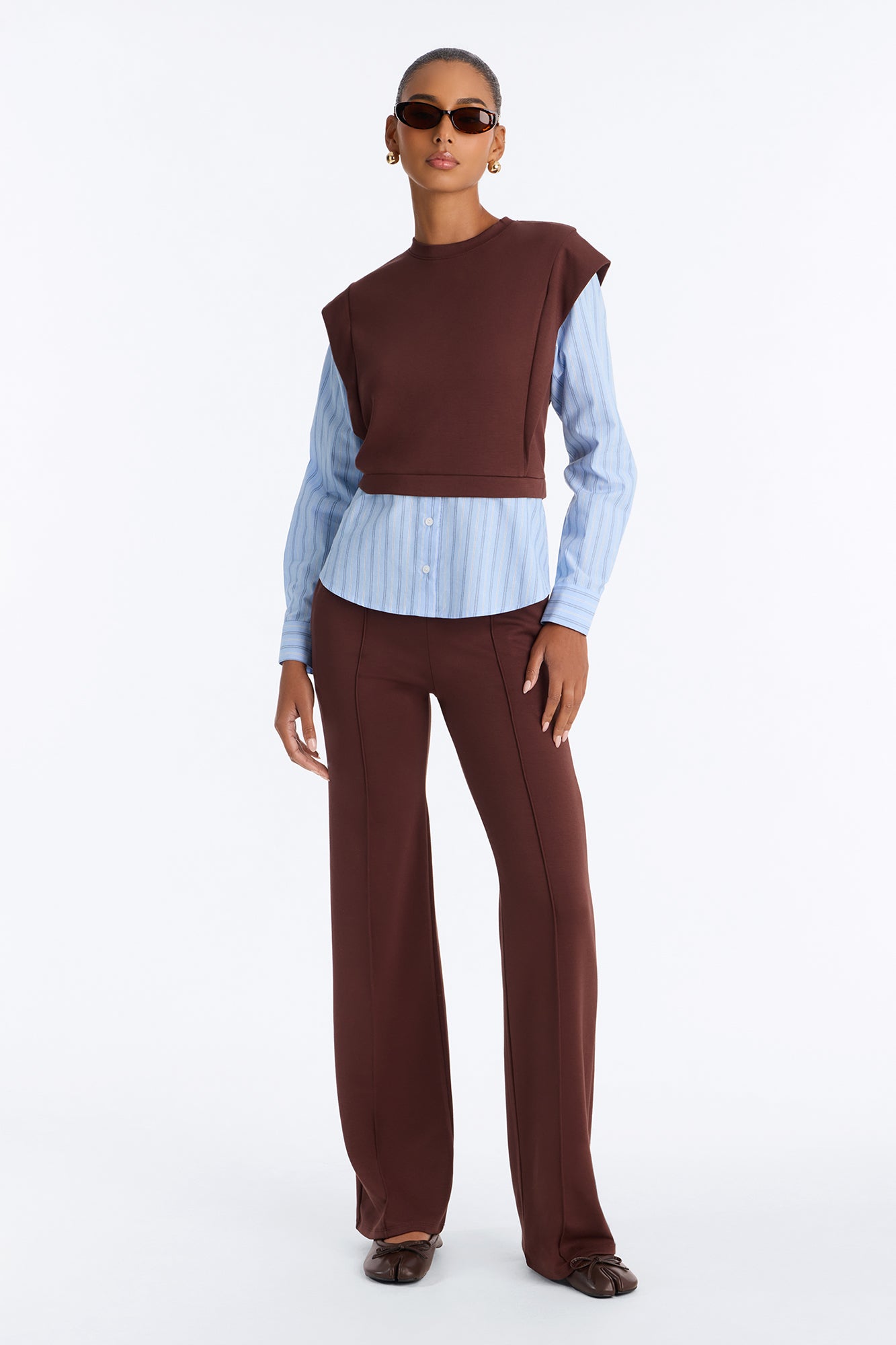 Tinsley Long Sleeve Straight Leg Pant Set - Brown