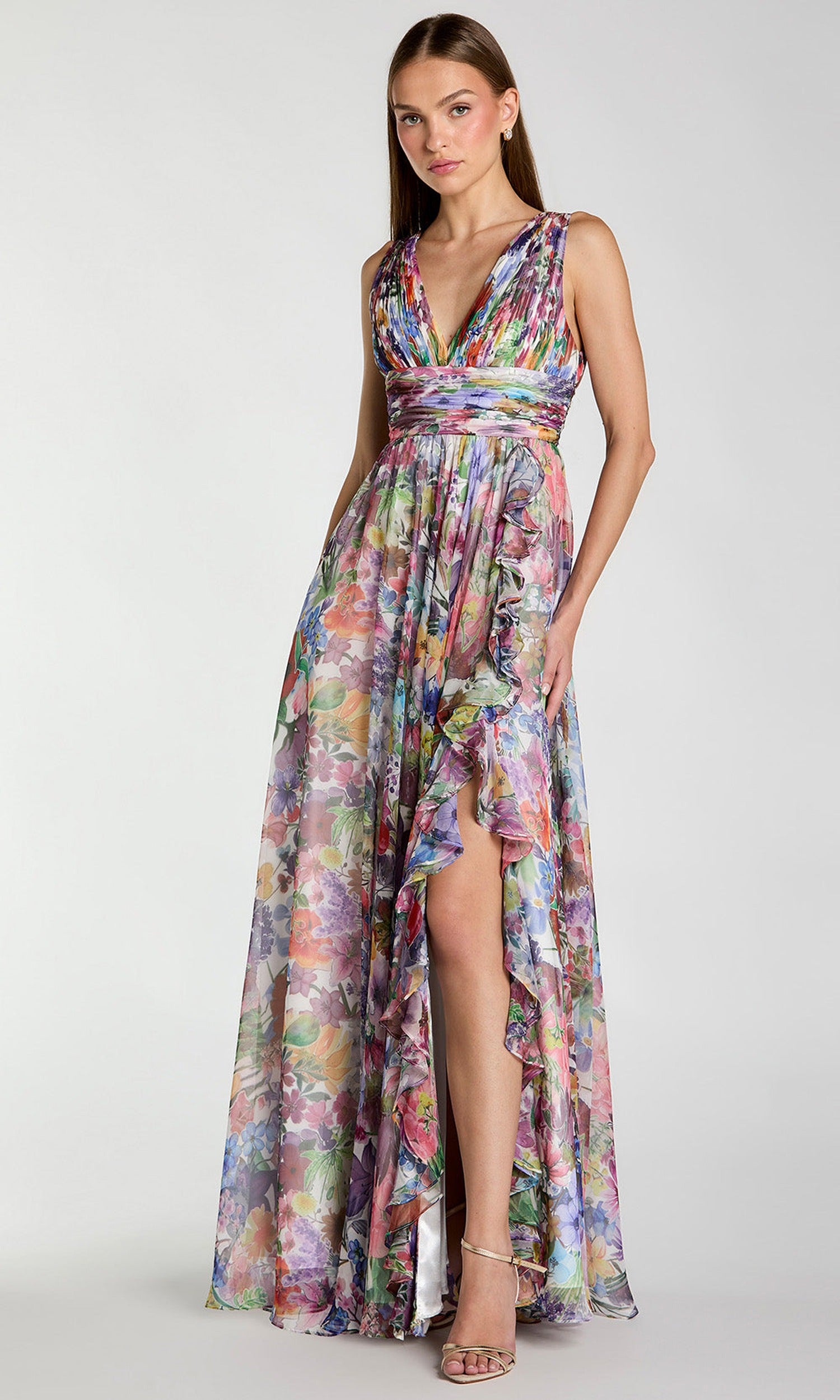 Mac Duggal 56119 - Printed Chiffon Ruffle Slit A-Line Gown