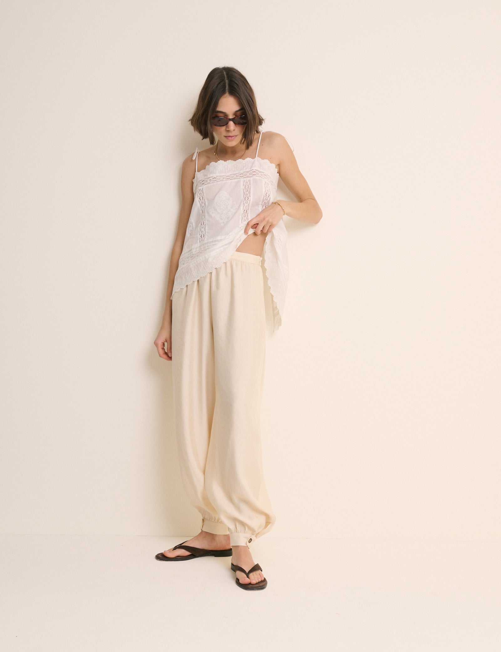 Cream Balloon Leg Satin Cuffed Trousers