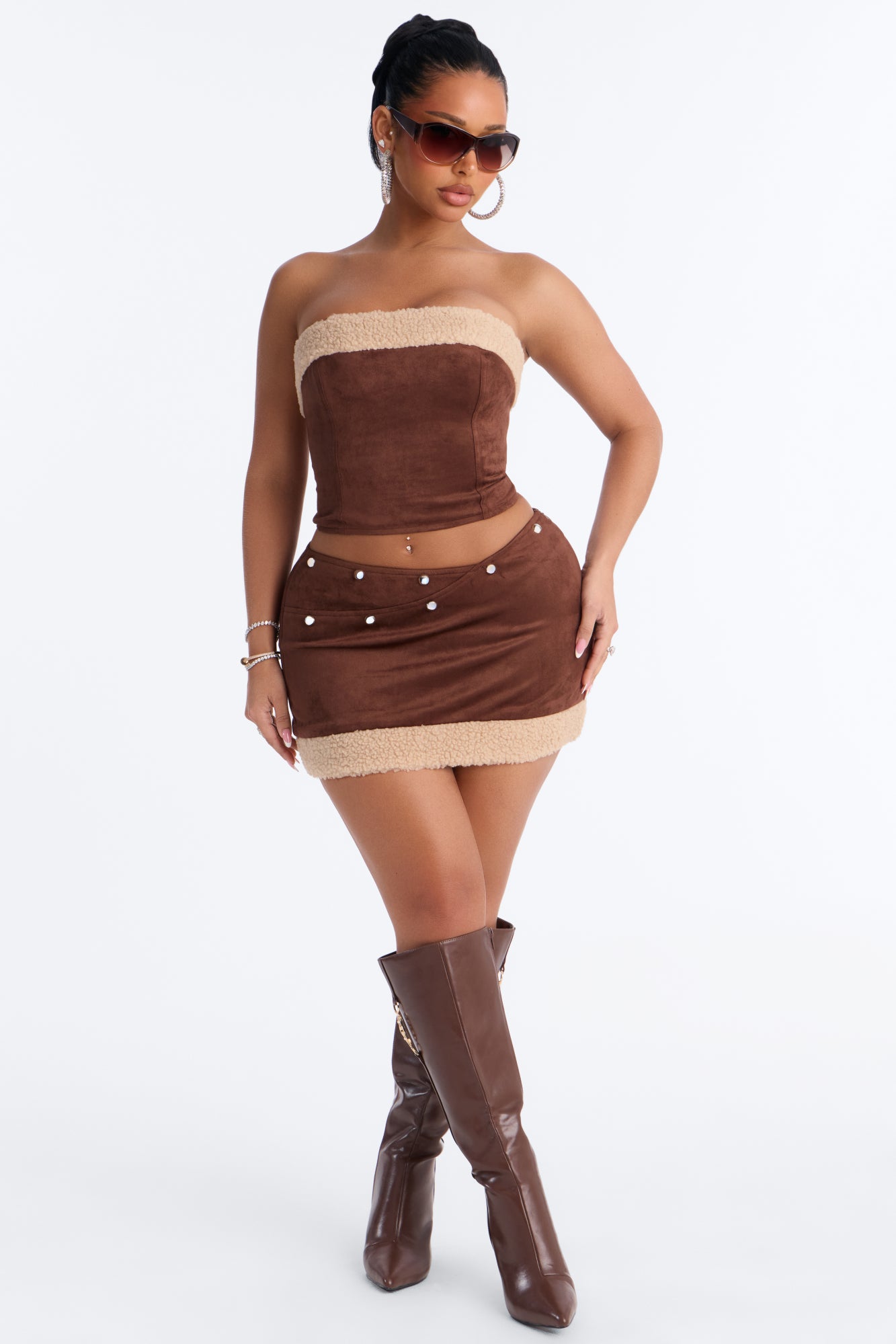 Greta Faux Suede Skirt Set - Brown