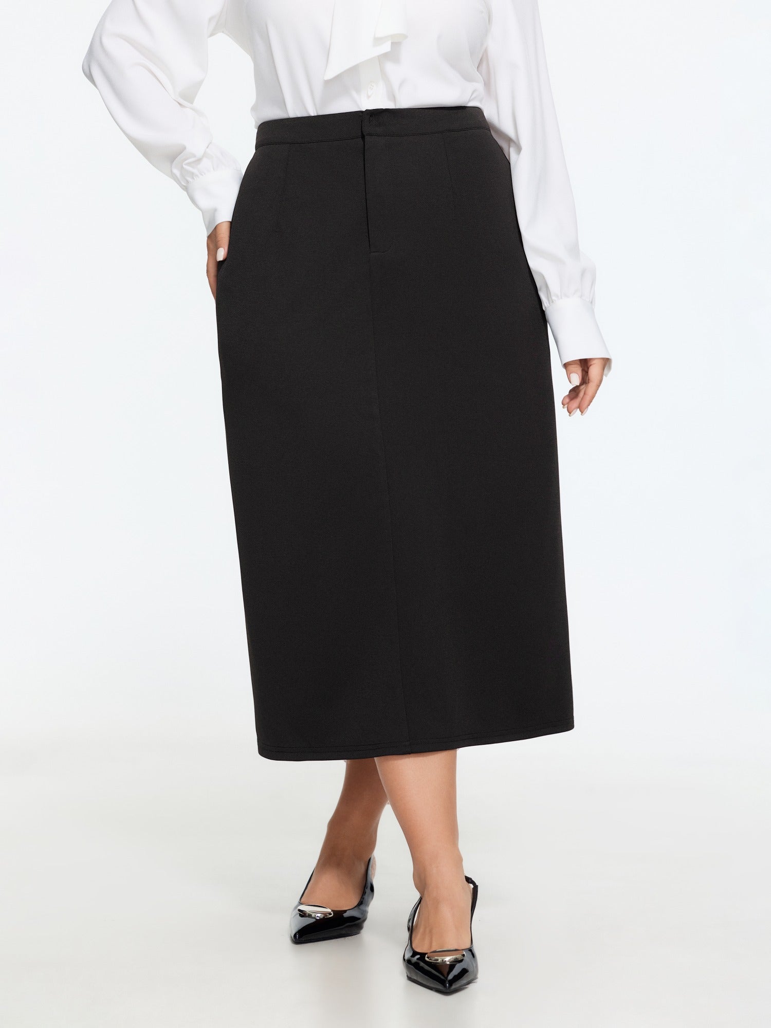 Solid Hidden Zipper & Pockets Pencil Midi Skirt
