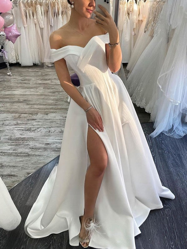Fabulous A-Line Off-The-Shoulder Satin V-Neck Wedding Dresses with Split