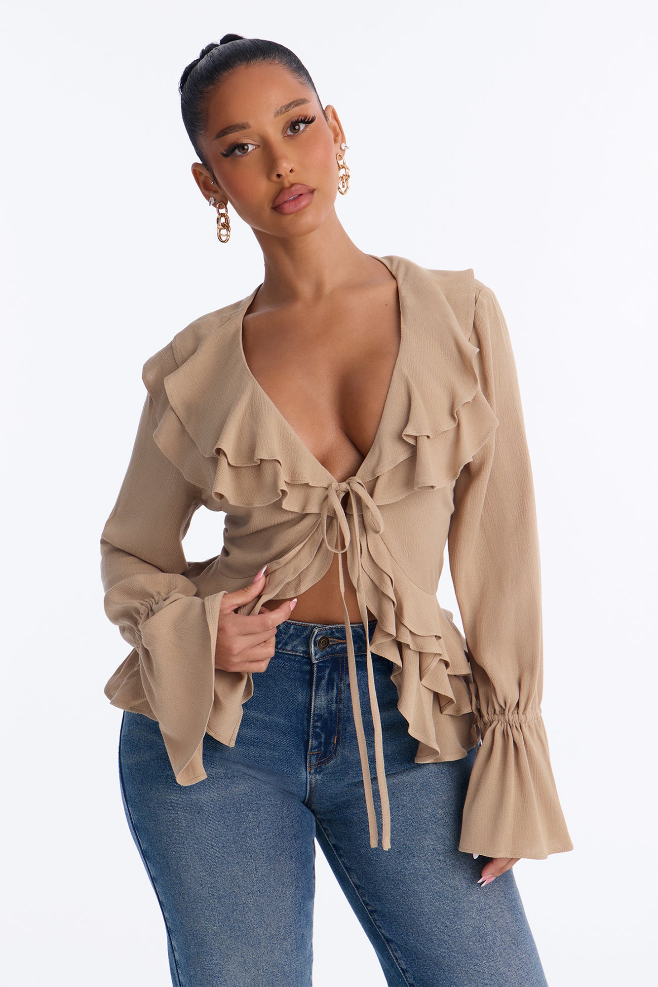 Summer Crush Ruffle Tie Front Flyaway Top - Mocha