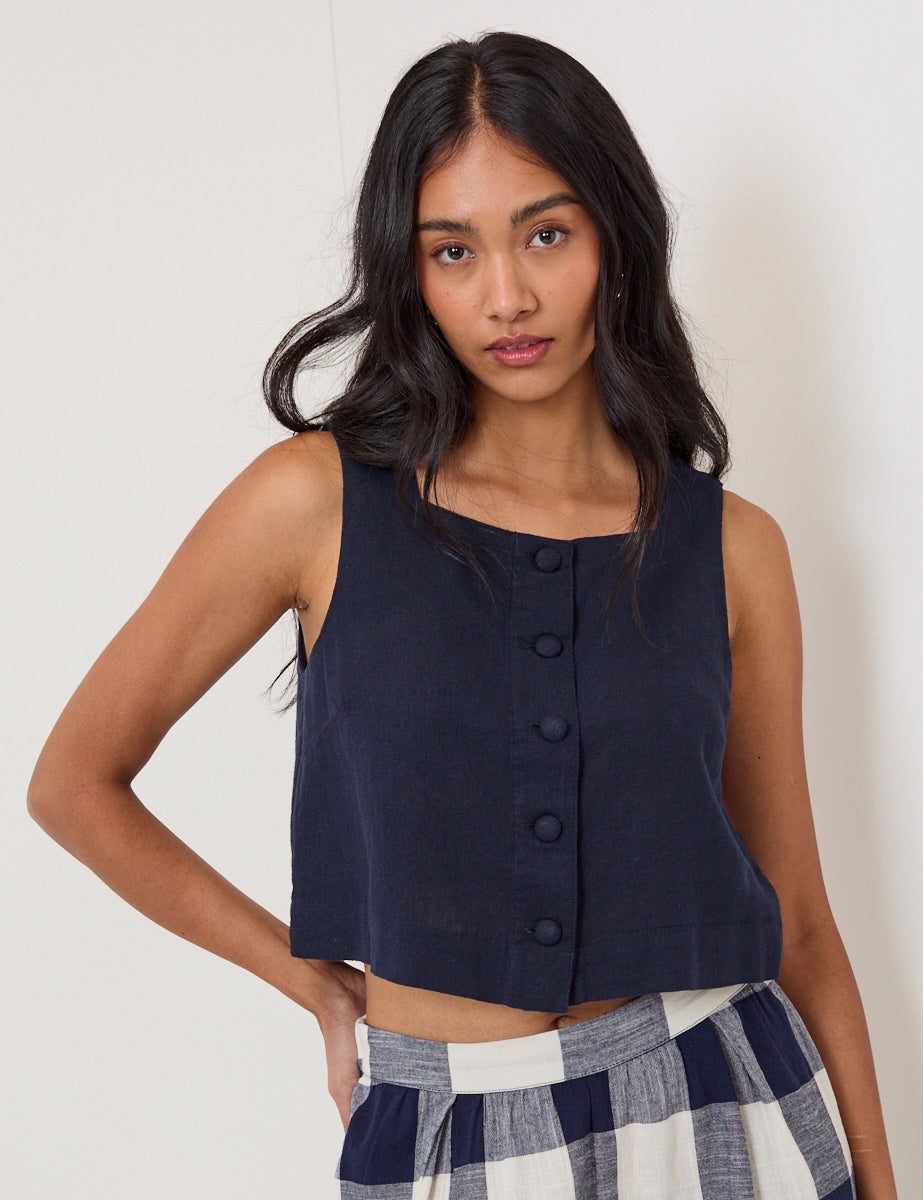 Navy Linen-Rich Button Front Top