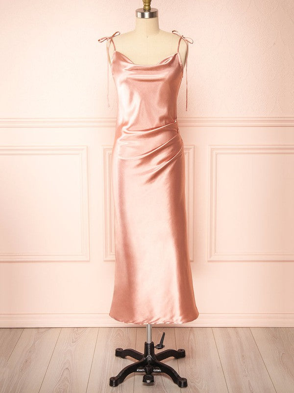Stunning Column Cowl Neck Satin Tea-Length Bridesmaid Dresses