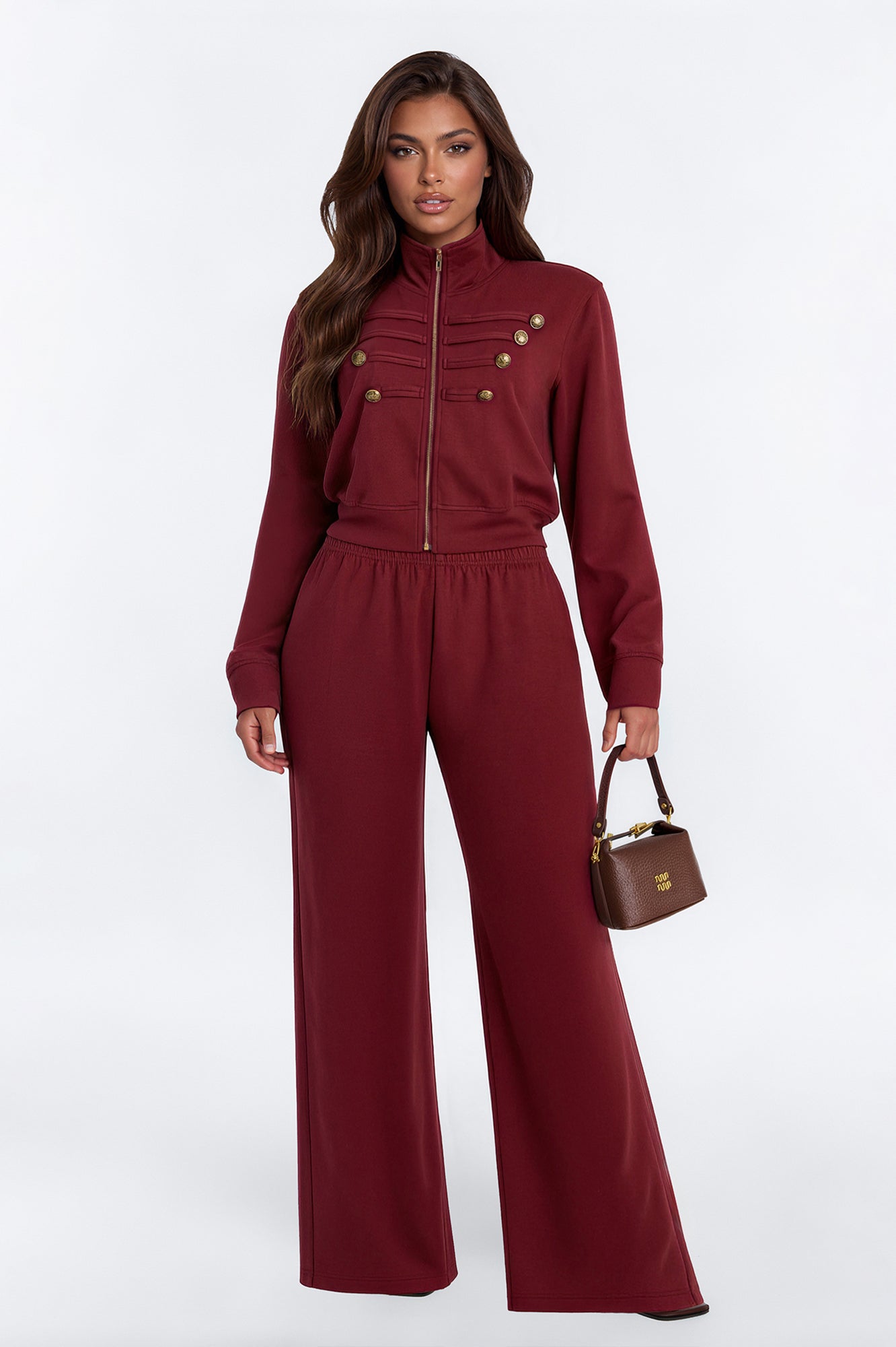 Monroe Military Detail Scuba Pant Set - Burgundy