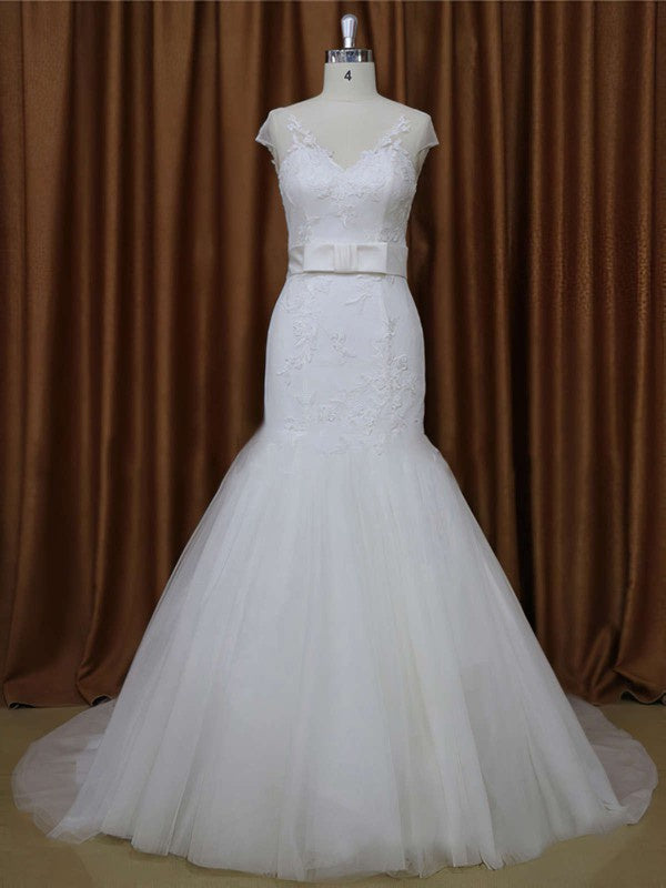 Elegant Capped Trumpet V-Neck Tulle Court Train Wedding Dresses with Ribbon