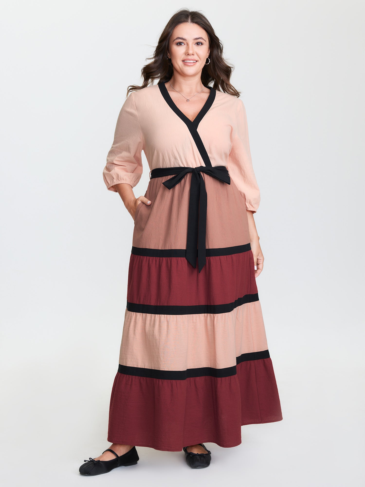 Cotton Colorblock Tiered Wrap Maxi Dress
