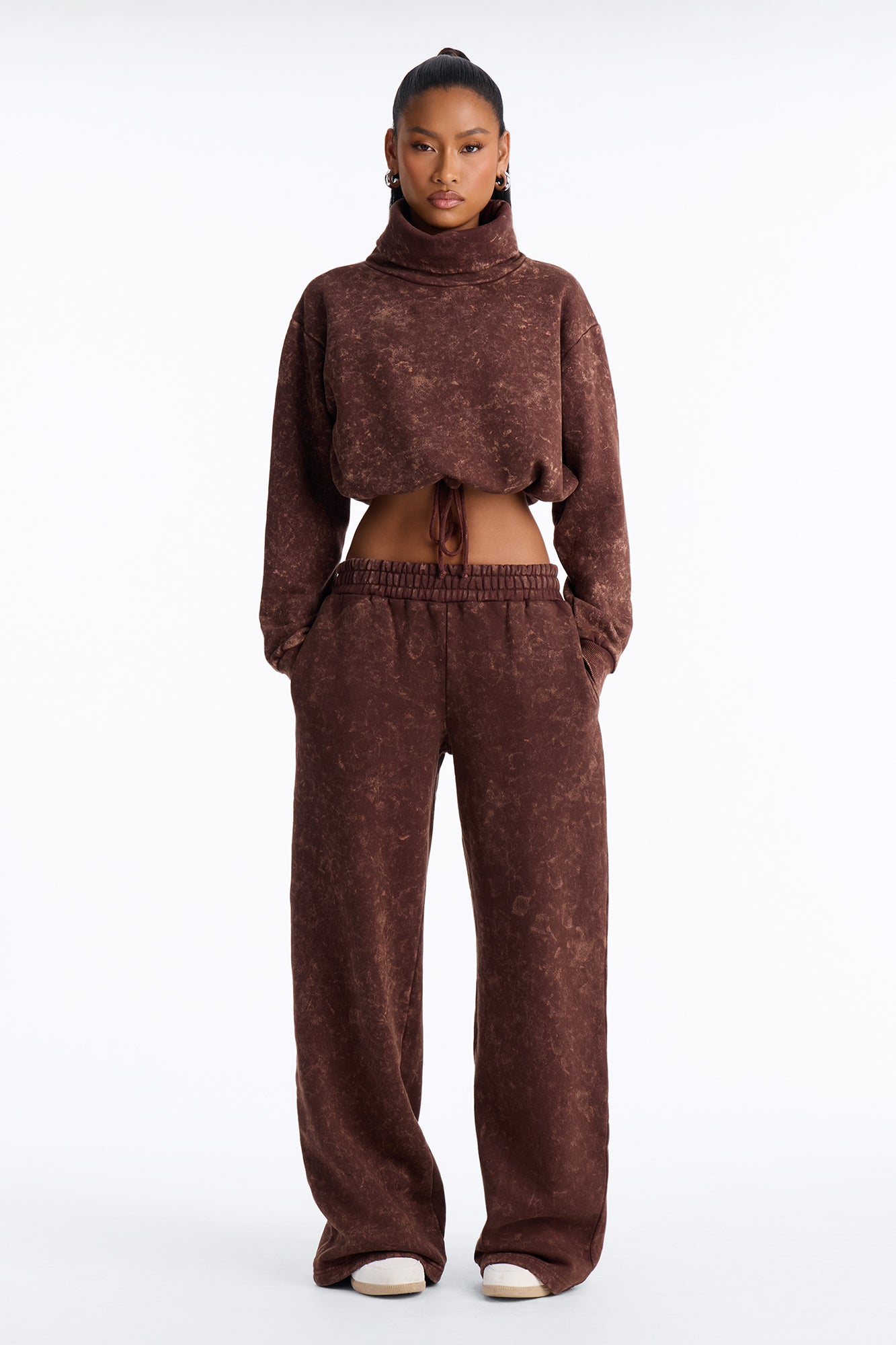 Hannah High Neck Fleece Pant Set - Chocolate