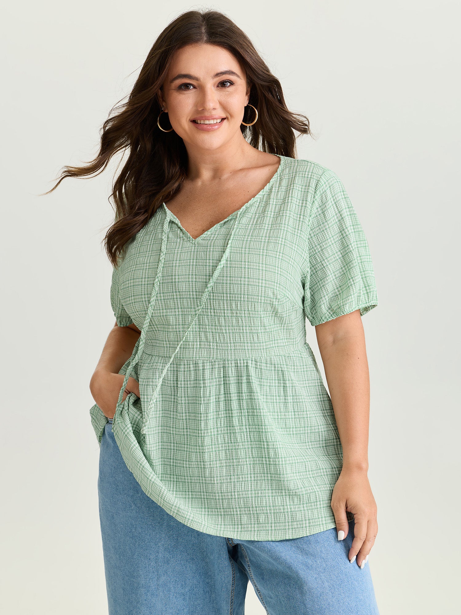 Grid Textured Drawstring Neckline Blouse