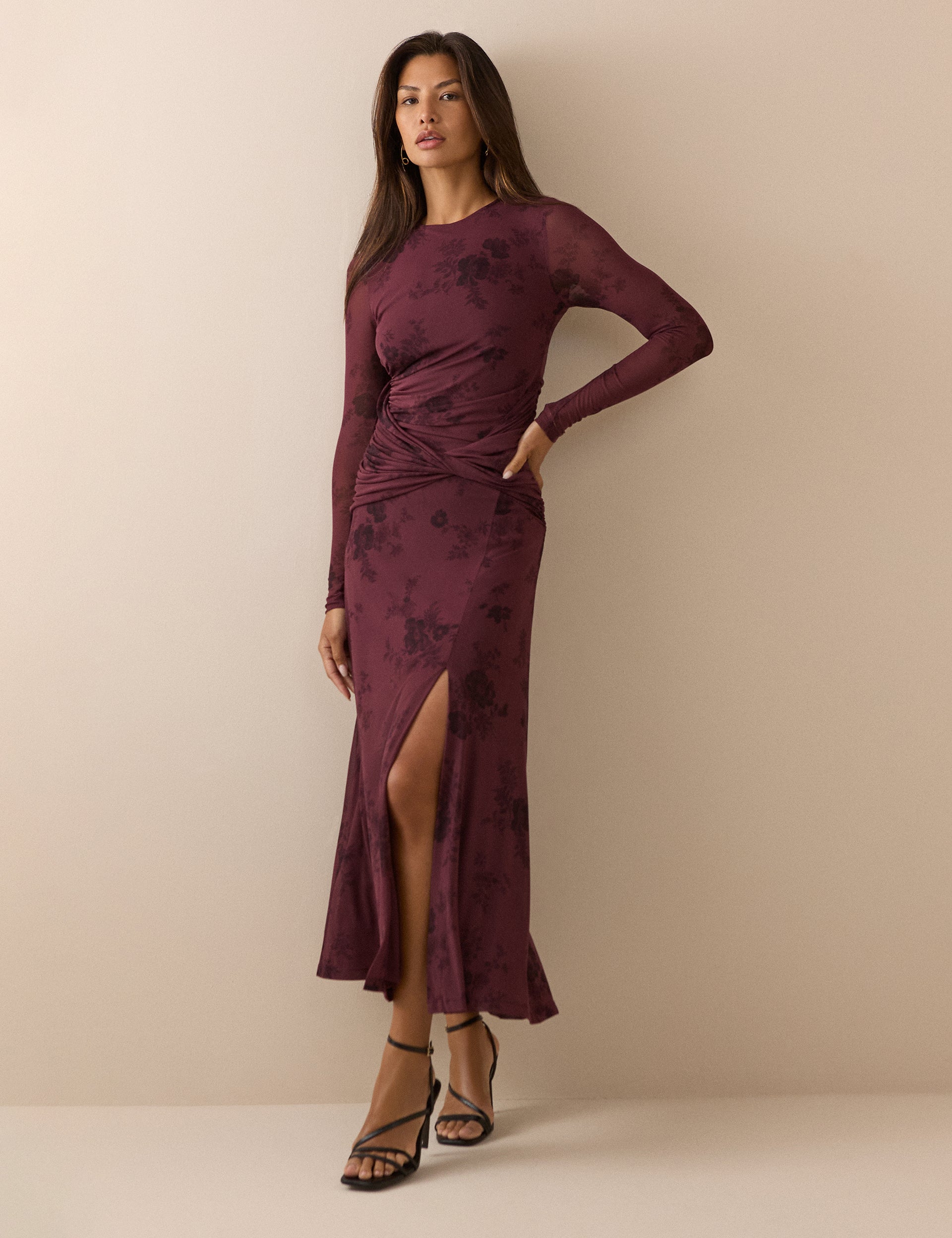 Burgundy Floral Long Sleeve Ruched Tammy Midi Dress
