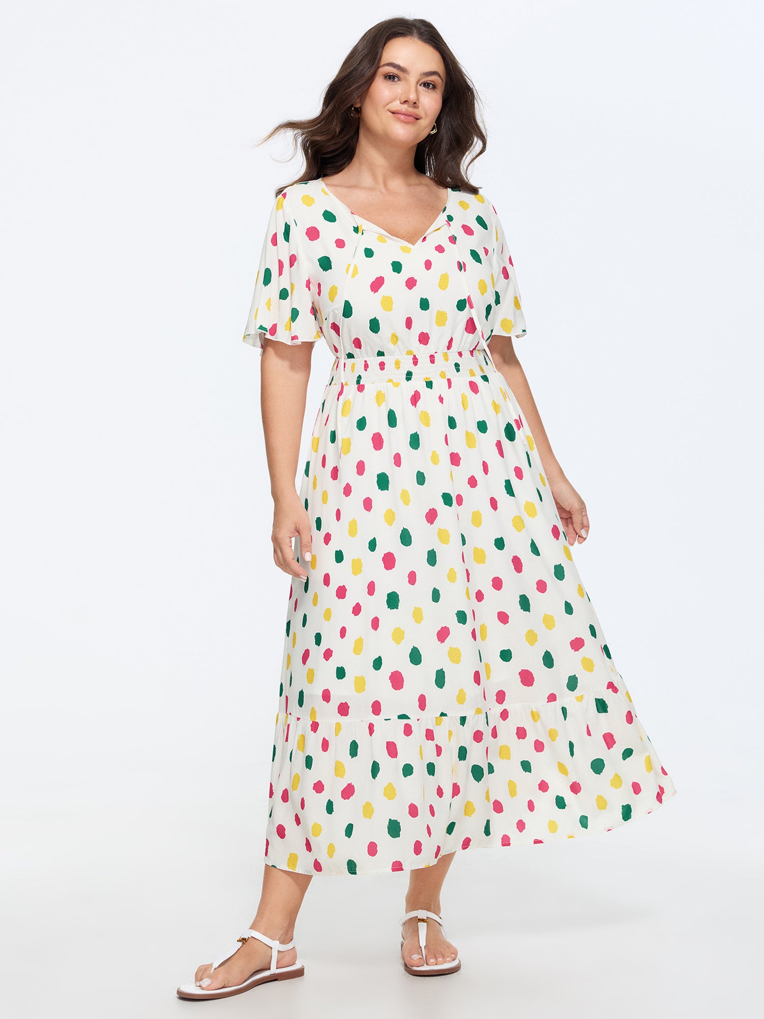 Supersoft Colorful Polka Dots Shirred Waist Midi Dress