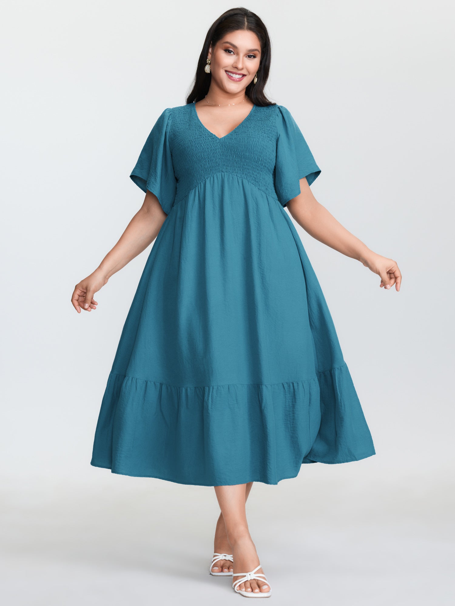 Shirred Bodice Ruffled Hem Midi Dress