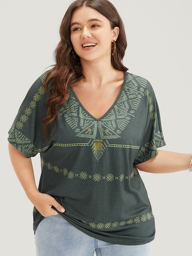 Geometric Print Dolman Sleeve V Neck T-shirt
