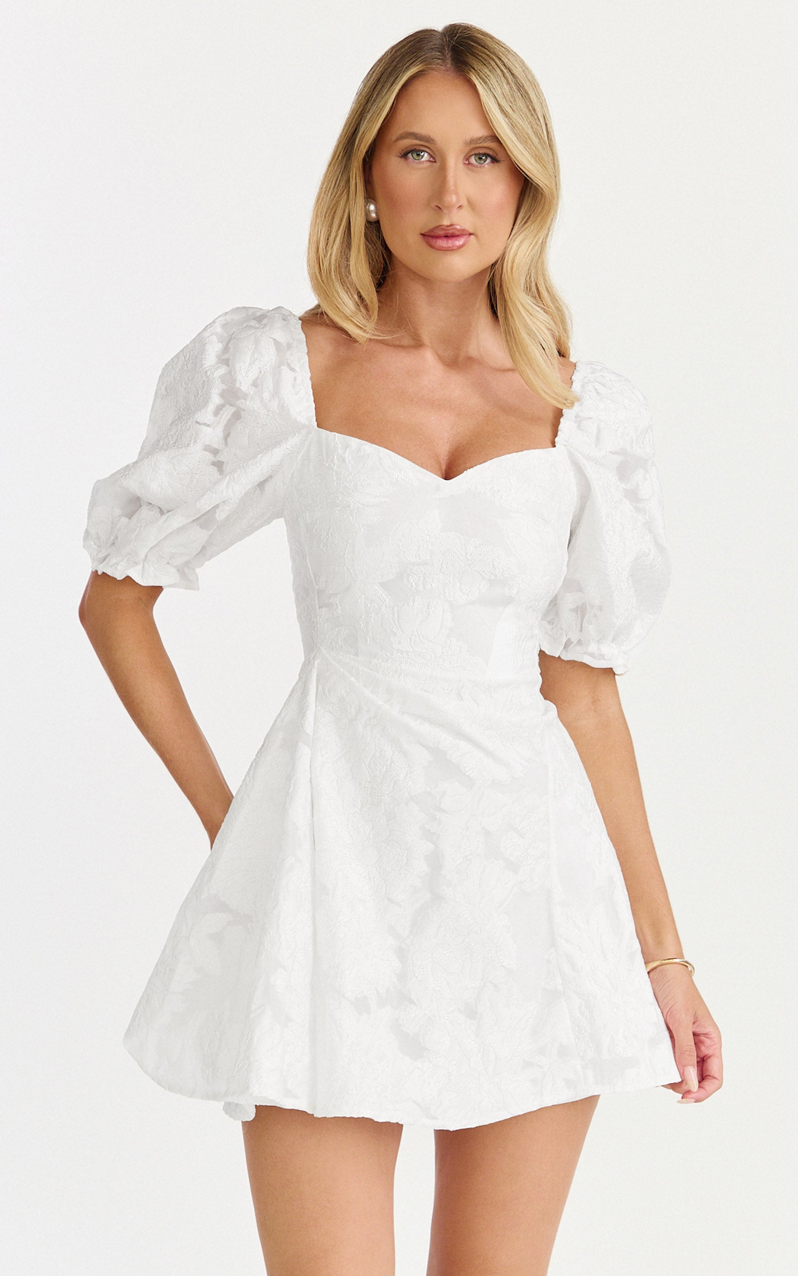 Brailey Mini Dress - Puff Sleeve Fit and Flare Dress in White