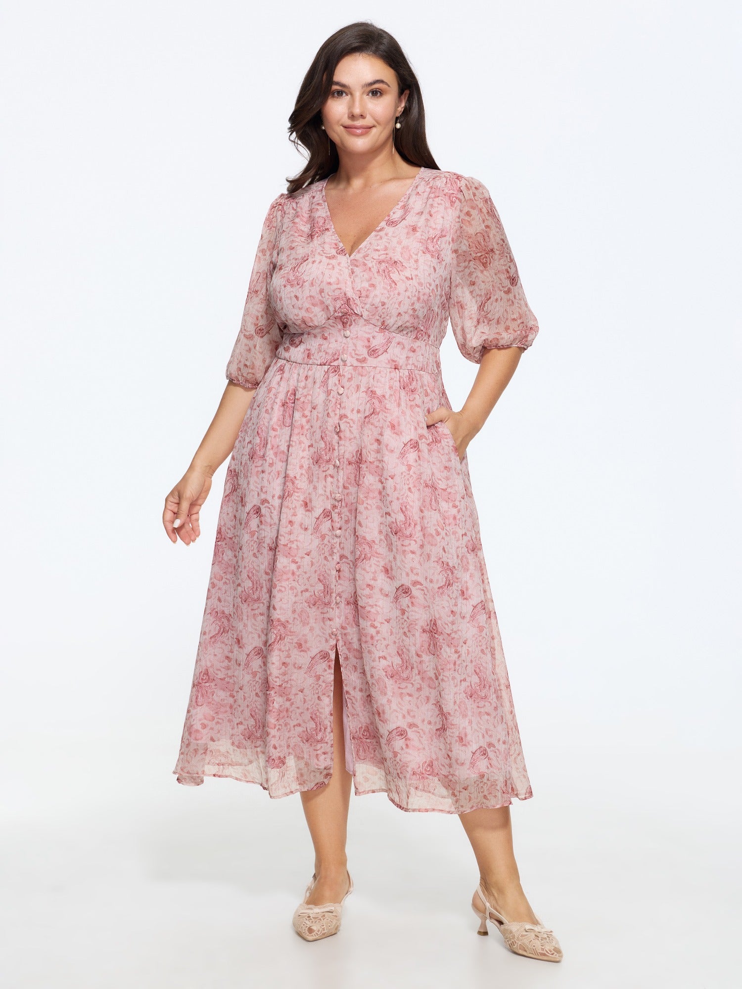 Floral Print Split Hem Chiffon Midi Dress