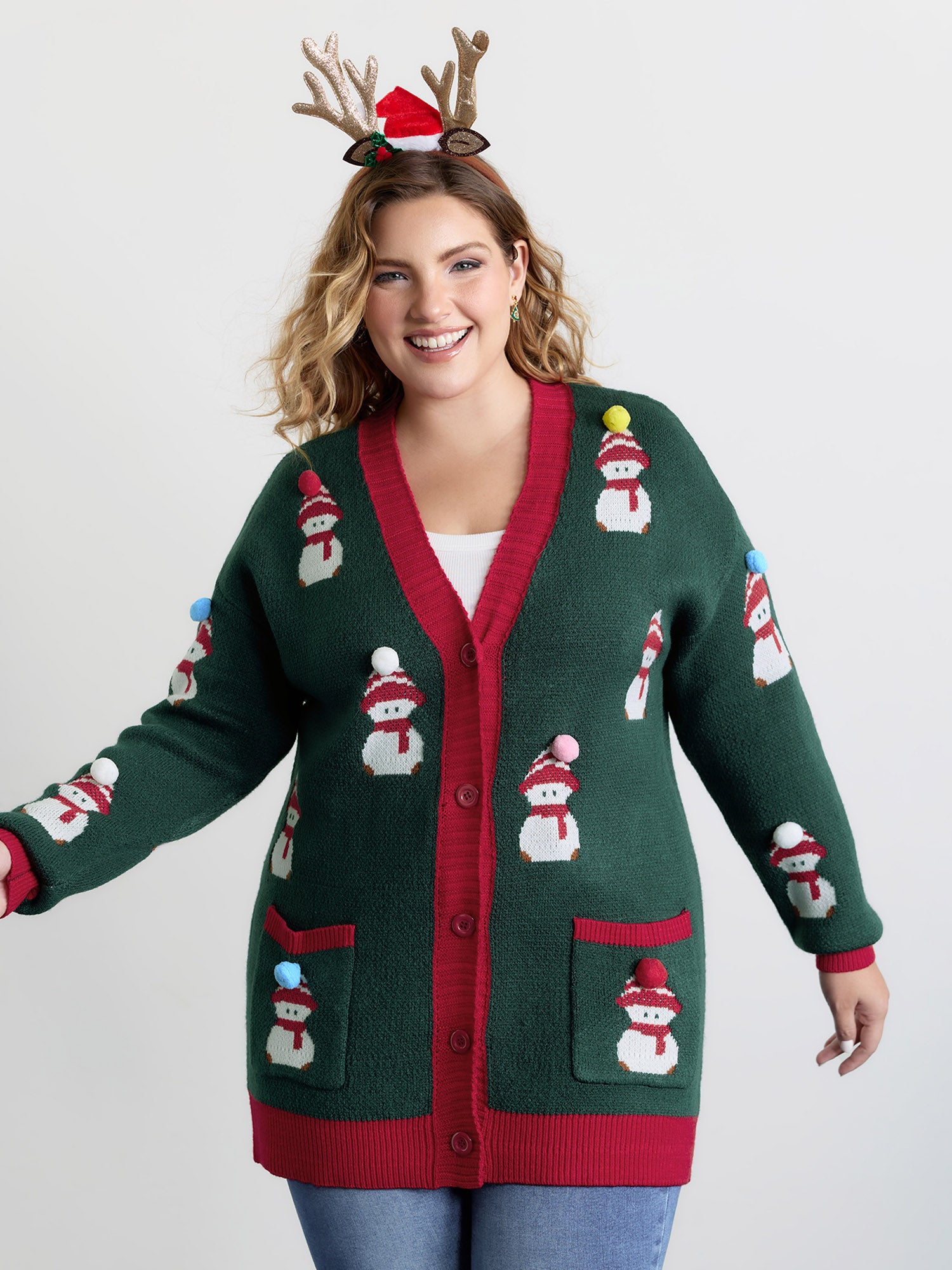 3D Snowman Jacquard Placket Knit Cardigan