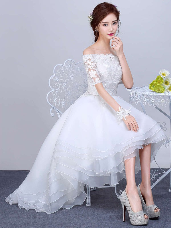 Trendy Hi-Lo Lace A-Line Off-The-Shoulder Short Sleeves Wedding Dresses