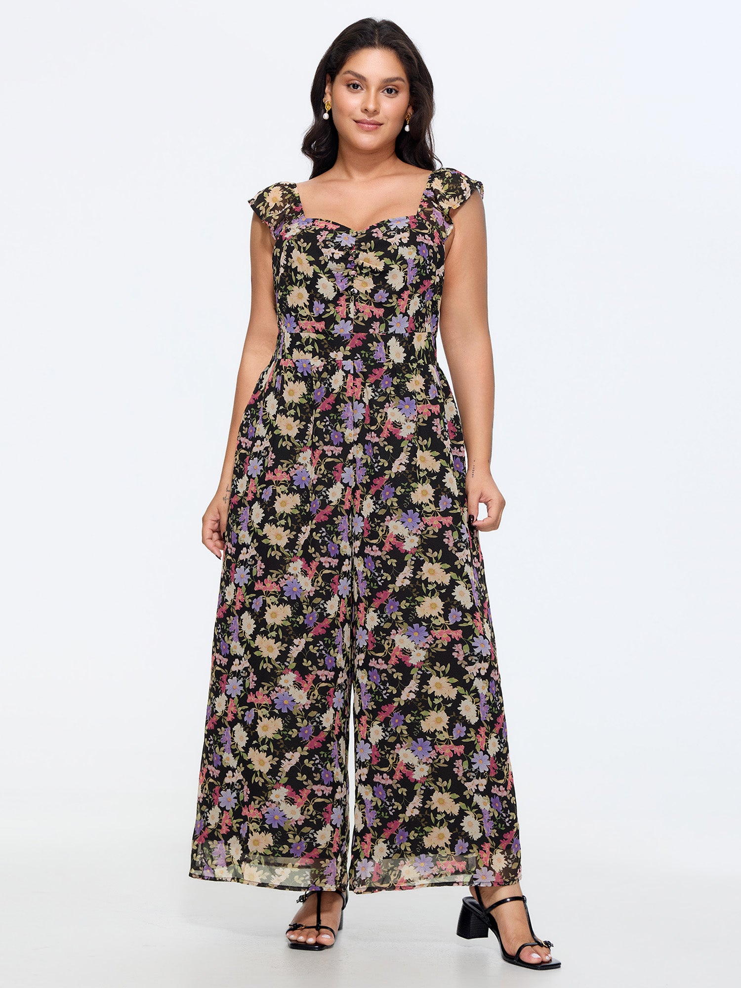 Floral Print Shirred Wide-Leg Jumpsuit