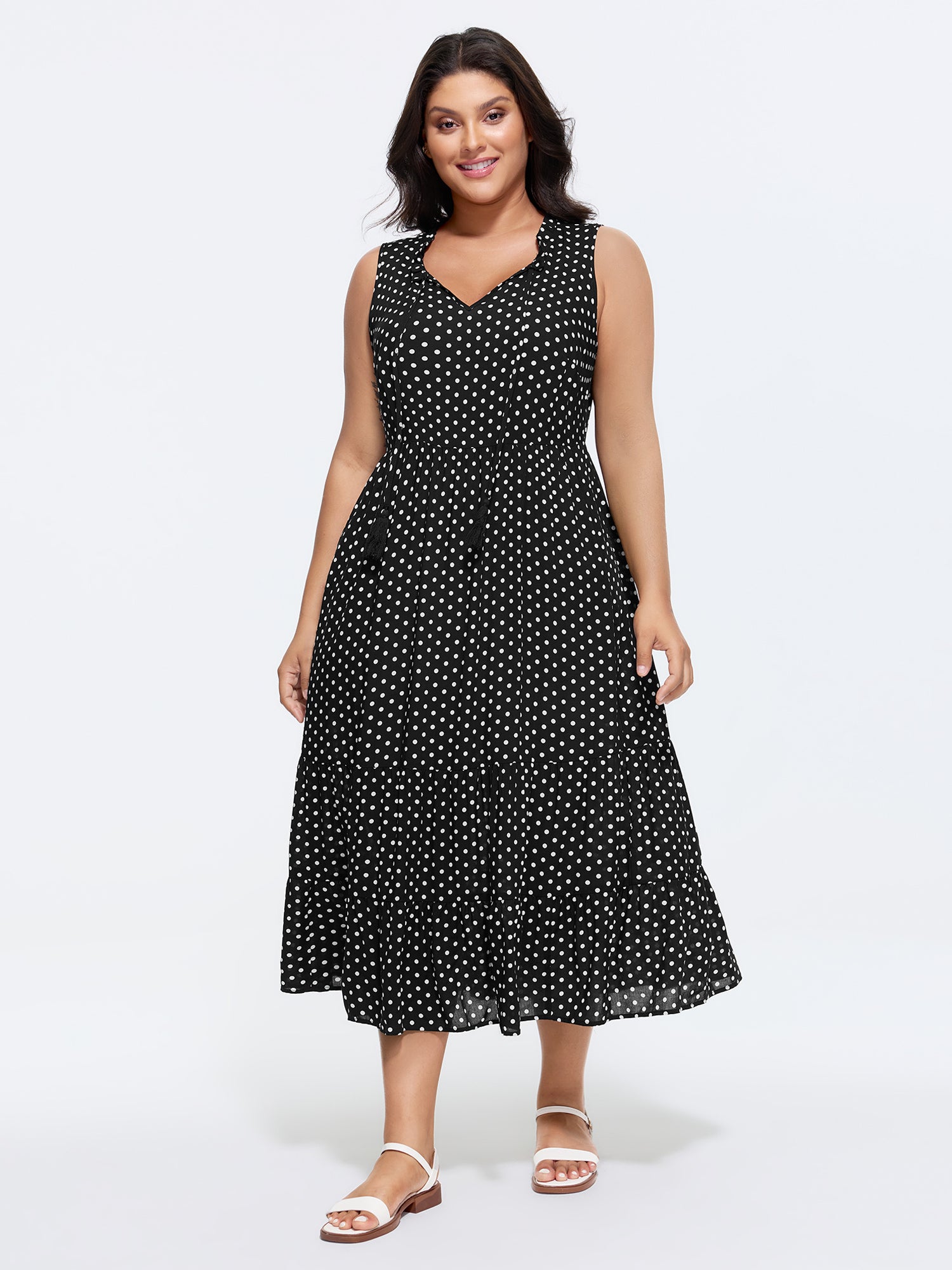 Polka Dots Notched Drawstring Collar Midi Dress