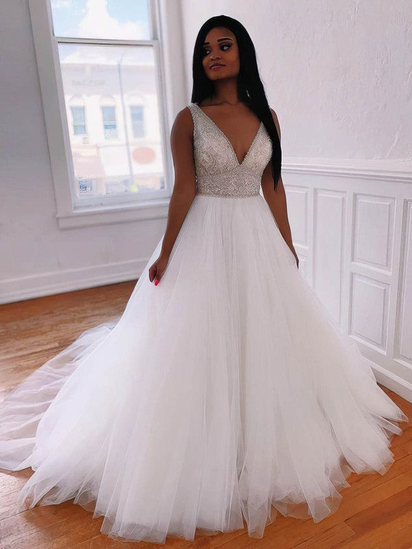 Trendy Deep V-Neck Sleeveless Tulle Ball Gown Wedding Dresses