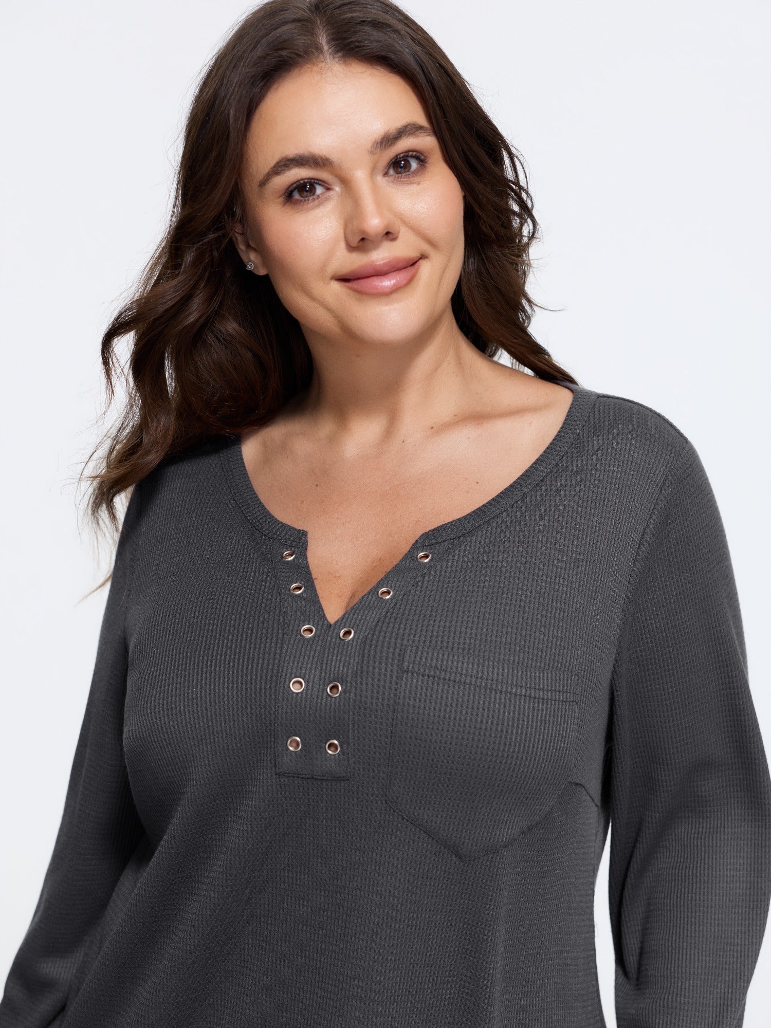 Eyelet Button Chest Pocket Waffle Knit T-Shirt