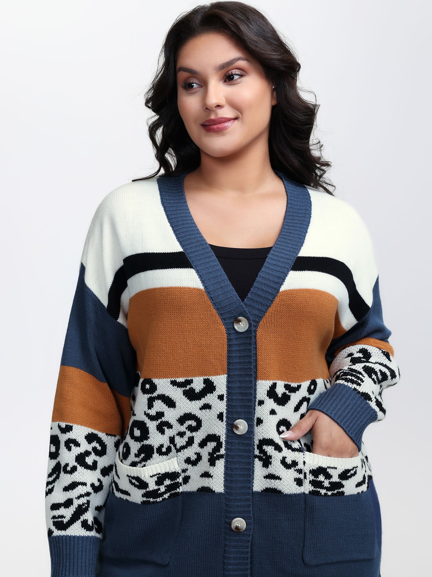 Stripe Color Block Leopard Knit Cardigan