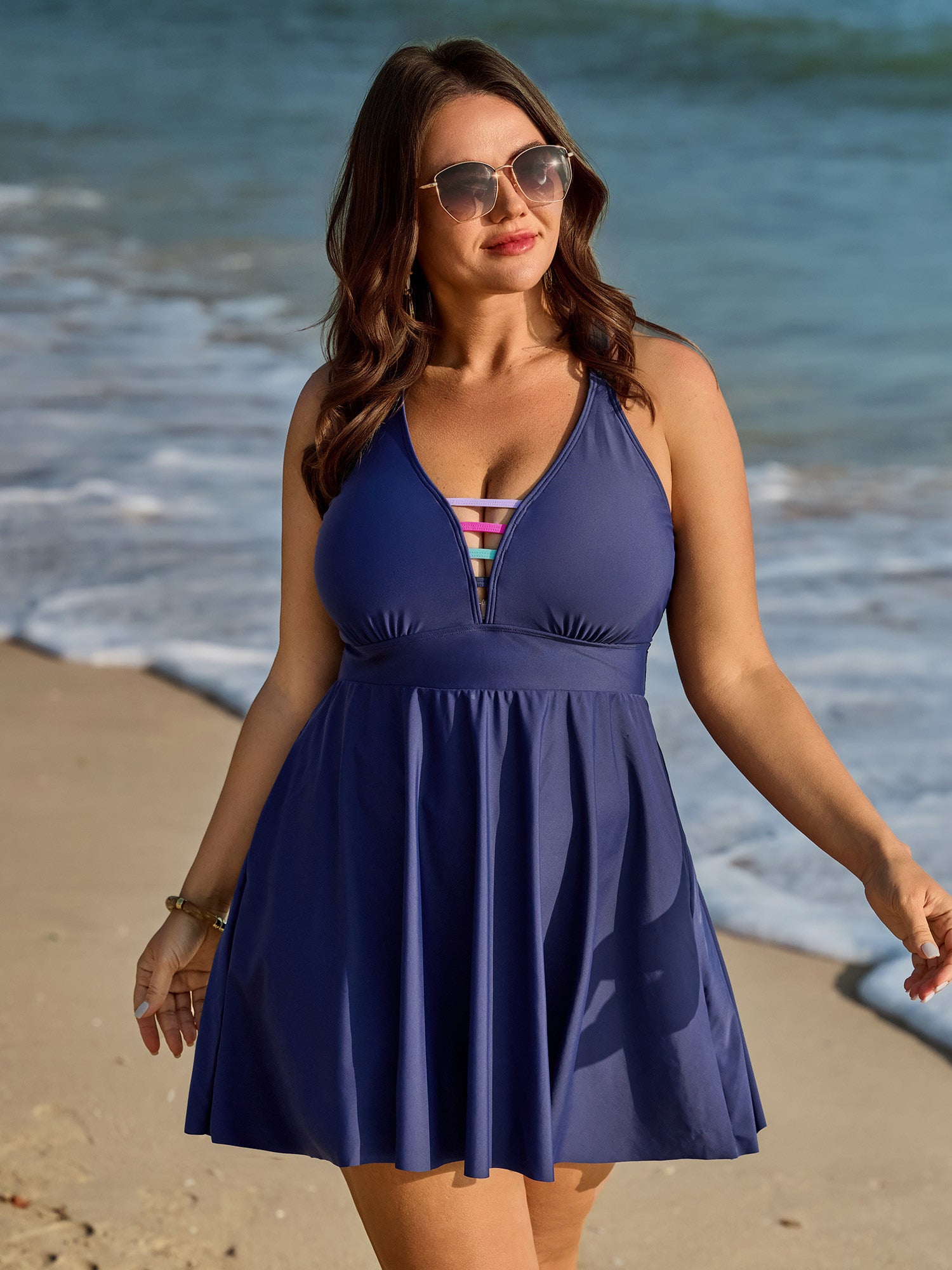 Striped Neckline Pockets Flowy Swim Dress