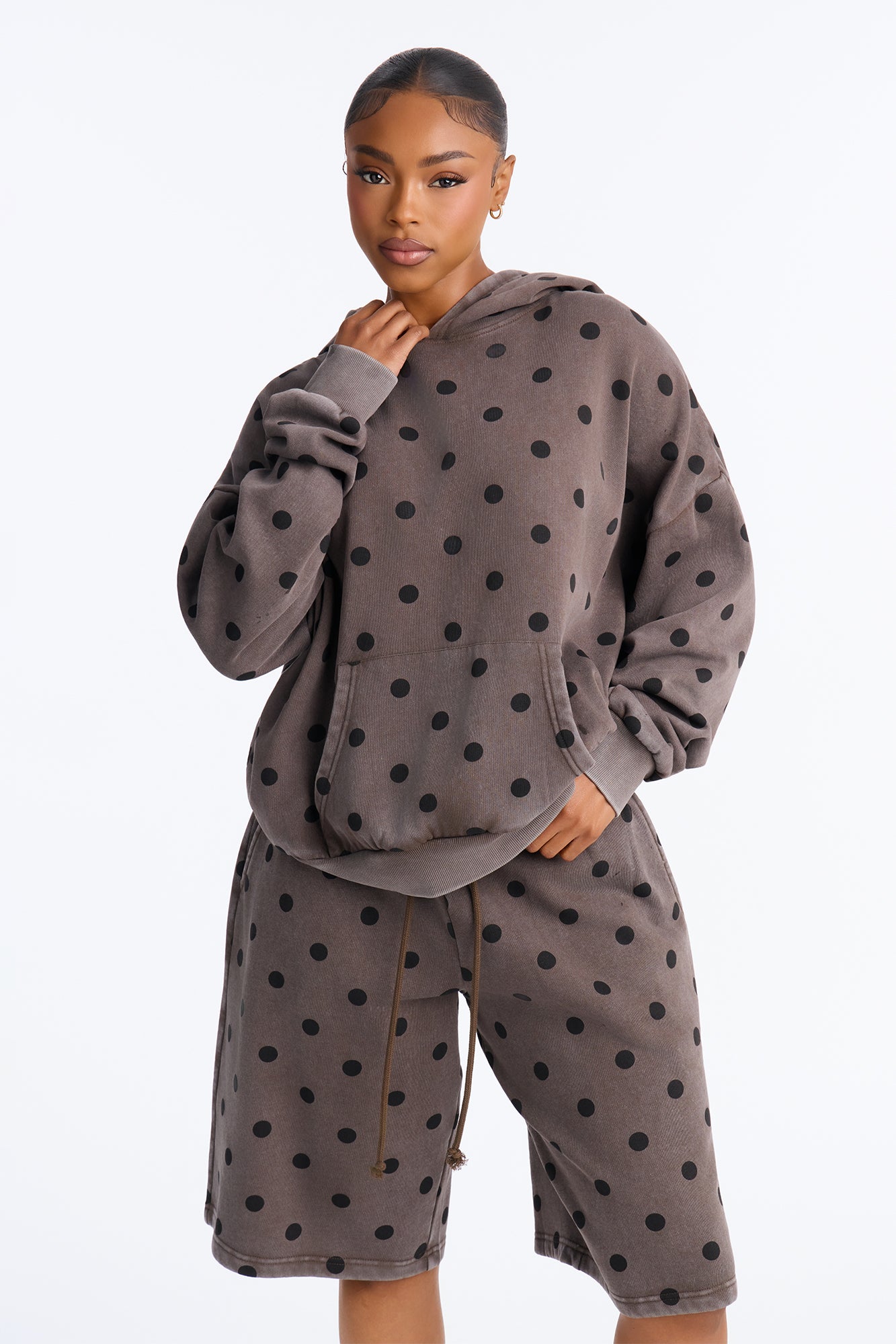 Taylor Polka Dot Washed Fleece Jort Set - Brown
