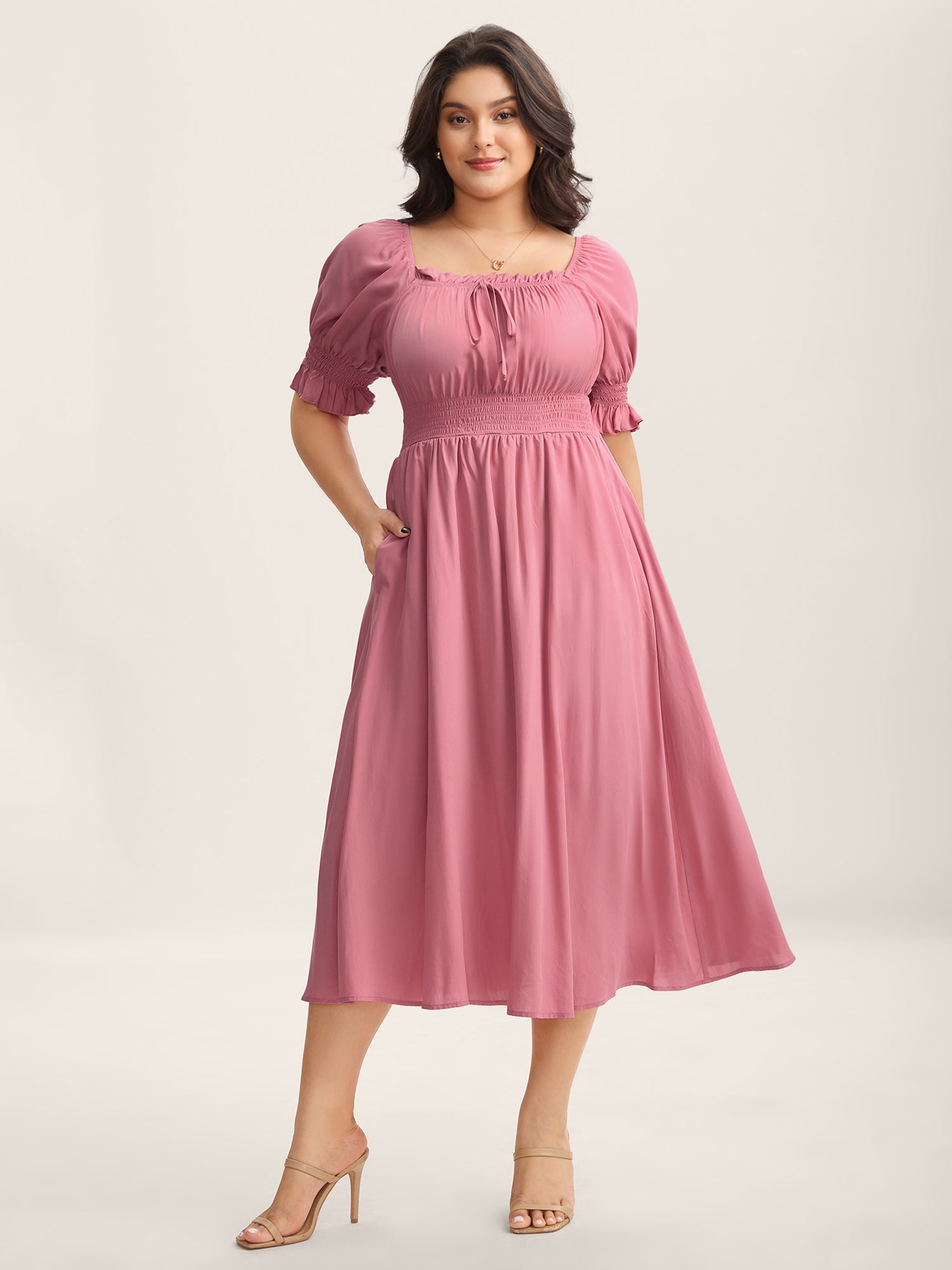 Rayon Stretchy Waist Pockets Milkmaid Dress