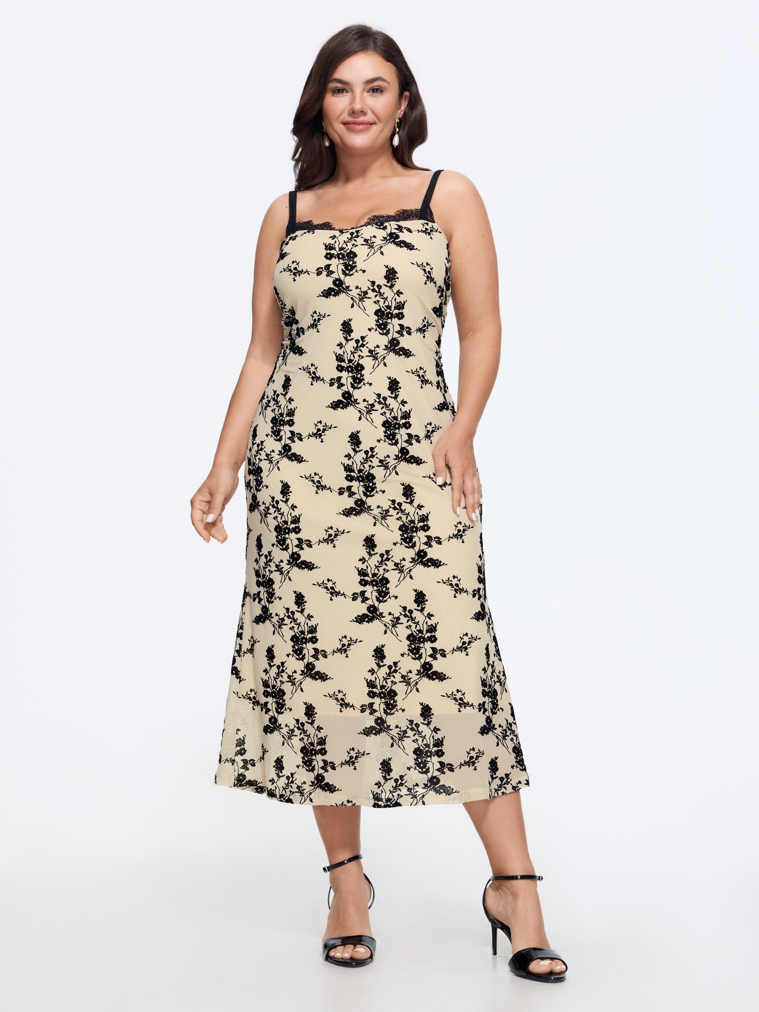 Flocked Floral Lace Trim Cami Midi Dress