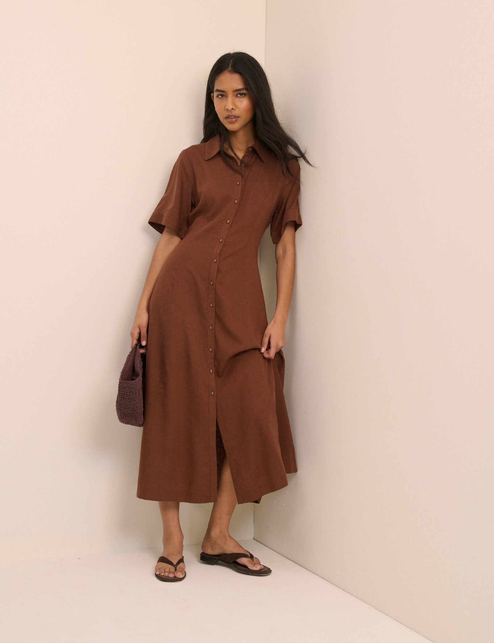 Brown Short Sleeve Dillon Shirt Dress