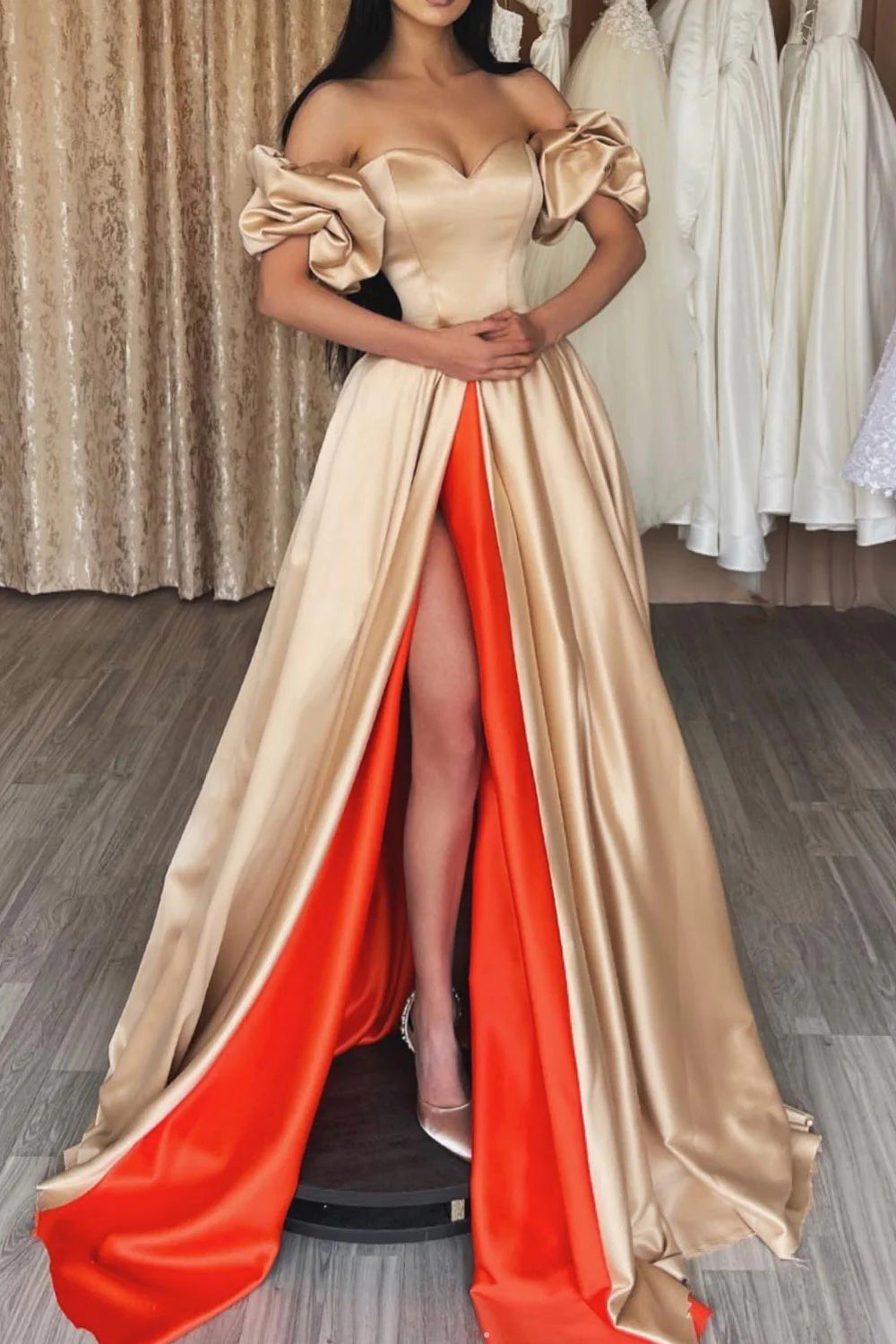 Champagne Long Prom Dress with Off-the-Shoulder A-Line and Front Split