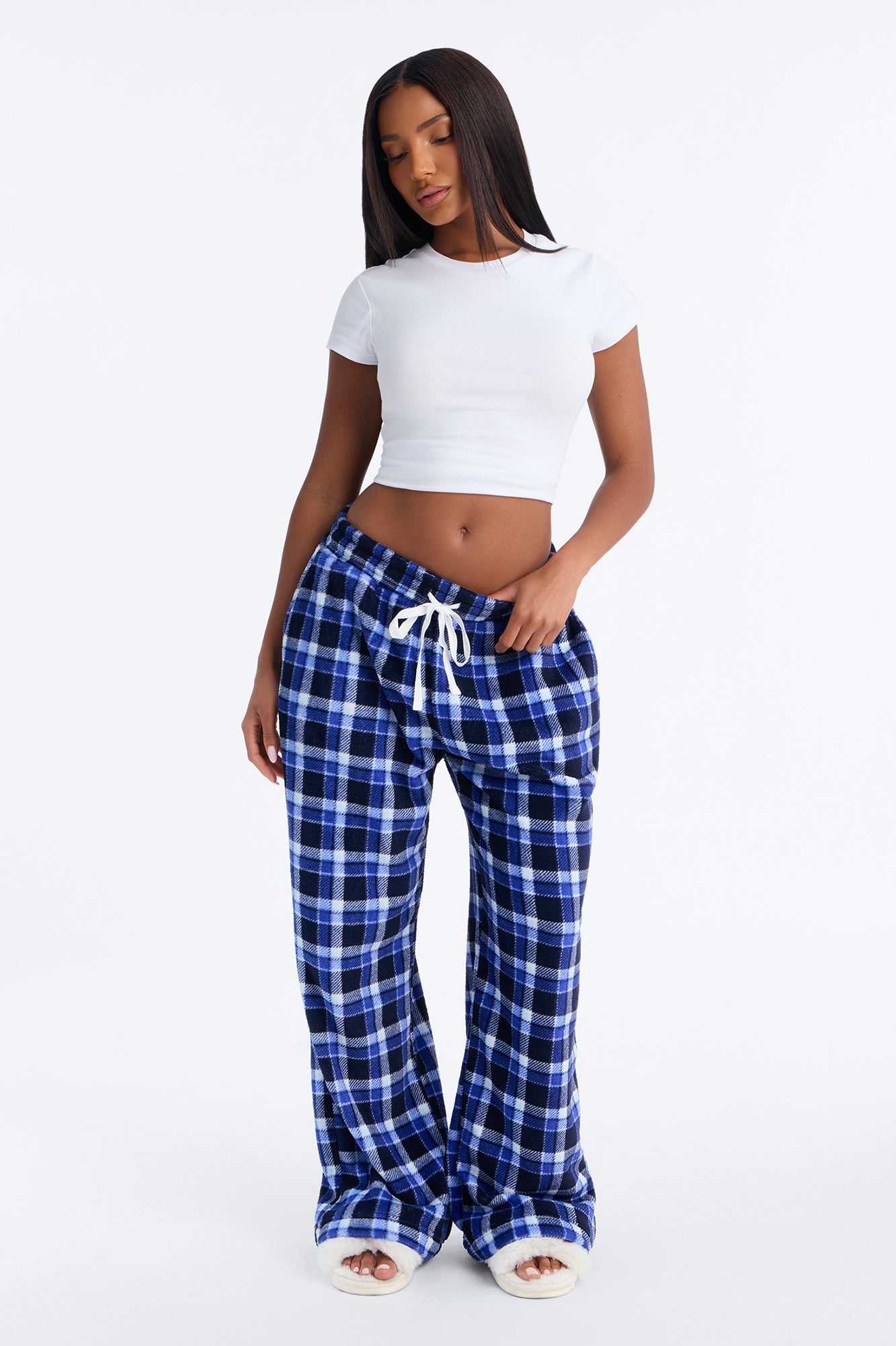 Chill Night Plaid Wide Leg Plush PJ Pant - Blue