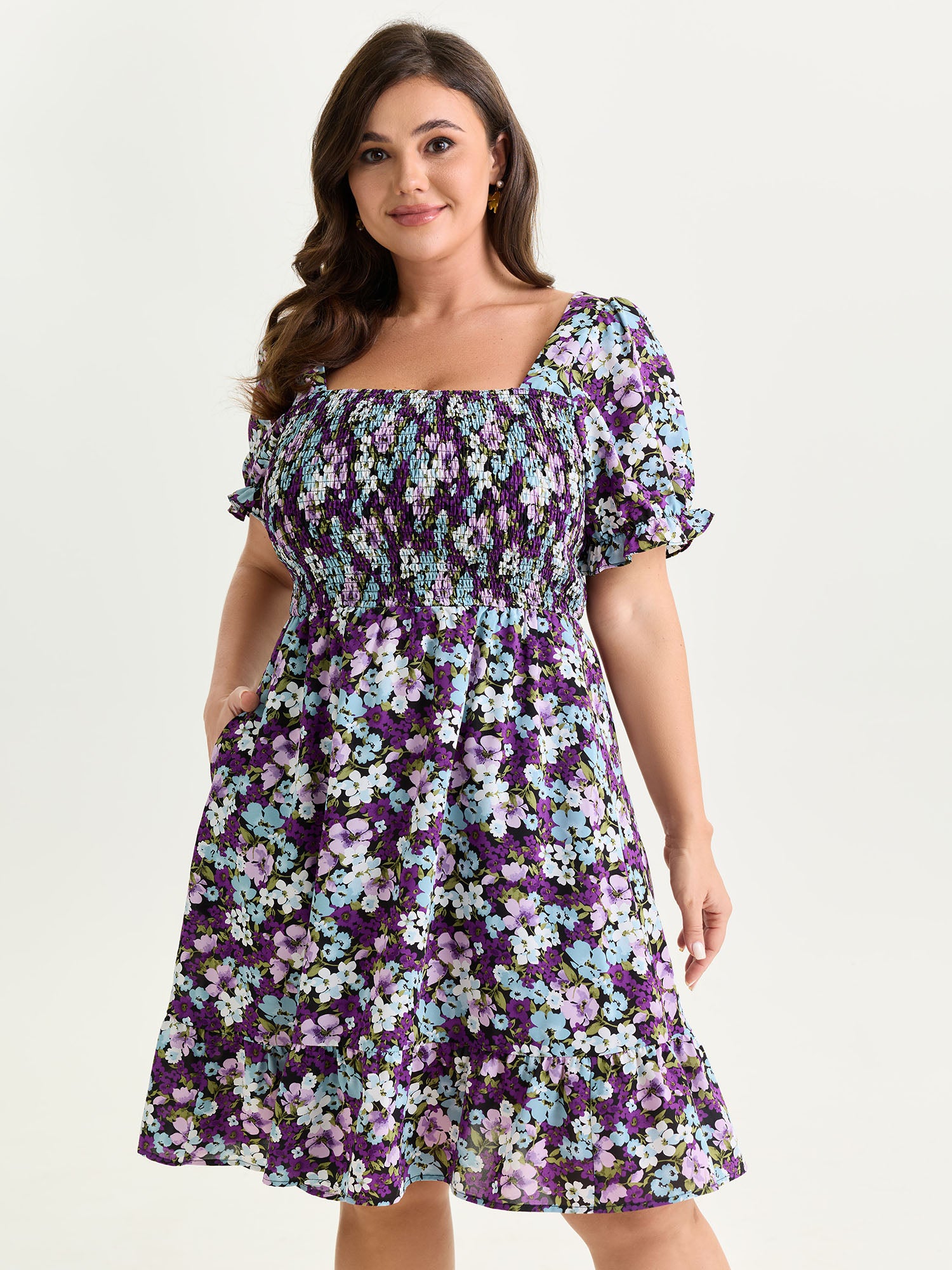 Floral Print Bowknot Puff Sleeve Mini Dress