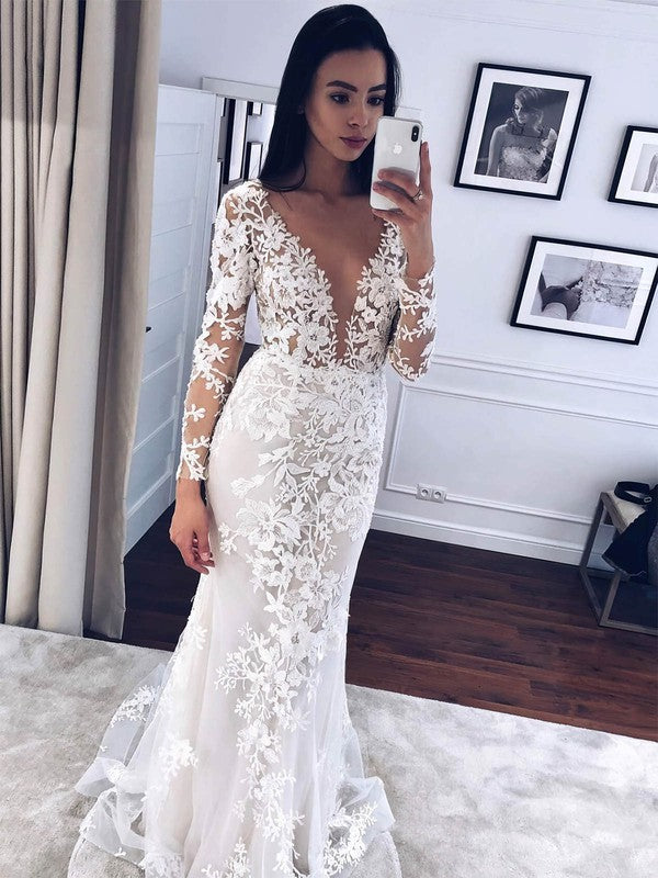 Elegant Mermaid V-Neck Long Sleeves Lace Wedding Dresses with Appliques