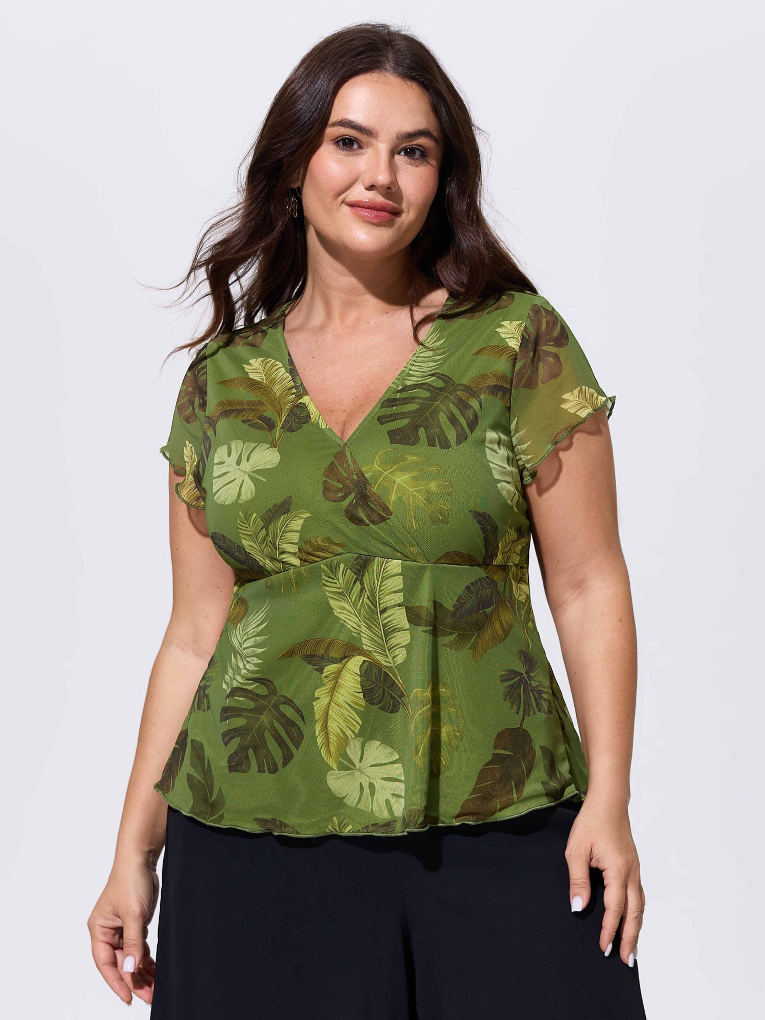 Sheer Tropical Print Fit And Flare Jersey Top