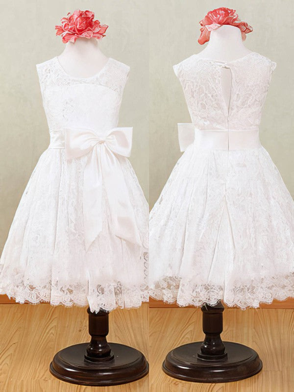 Exquisite A-Line Scoop Neck Lace Flower Girl Dresses with Bow