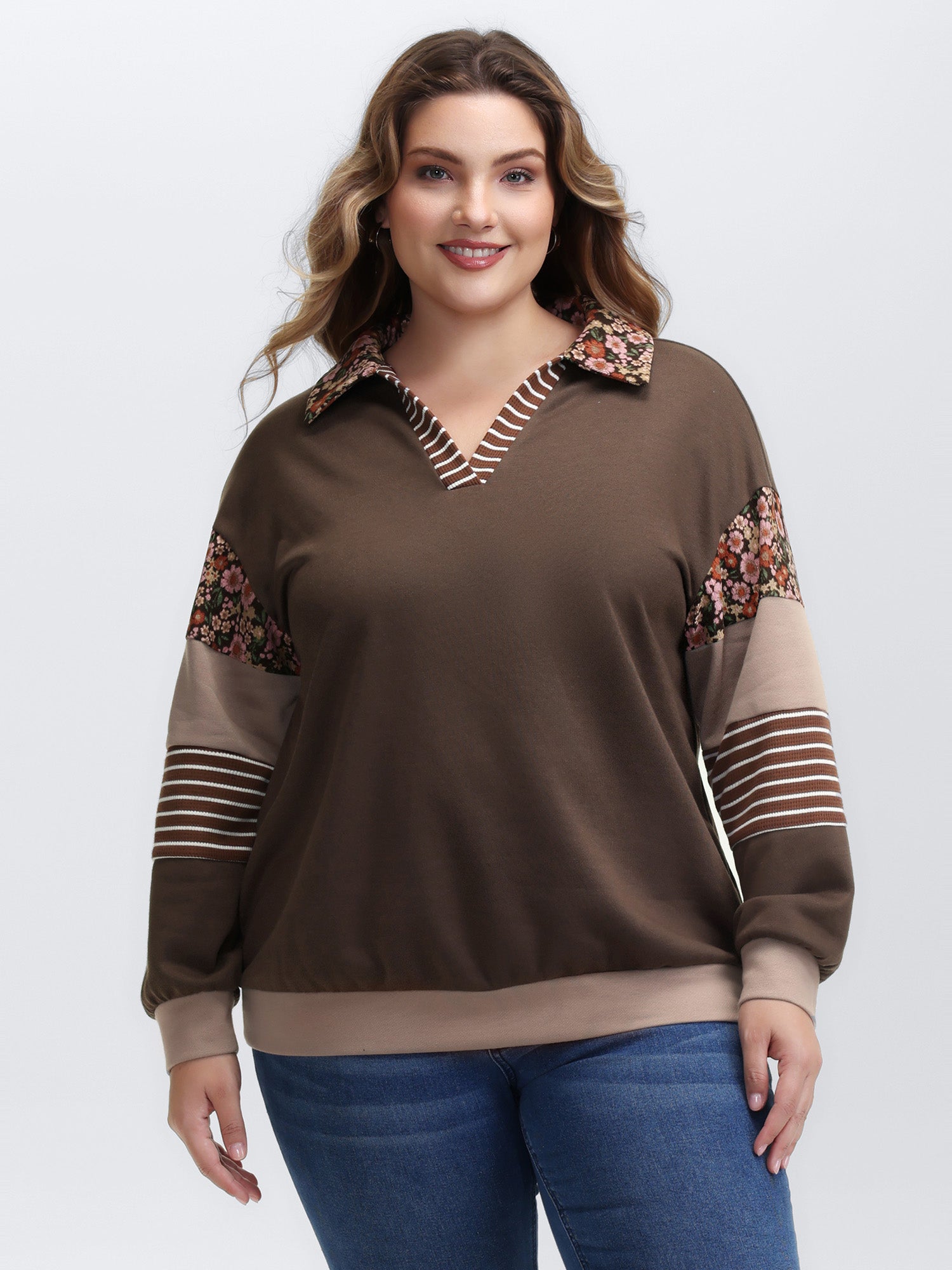 Mixed Material Polo Collar Sweatshirt