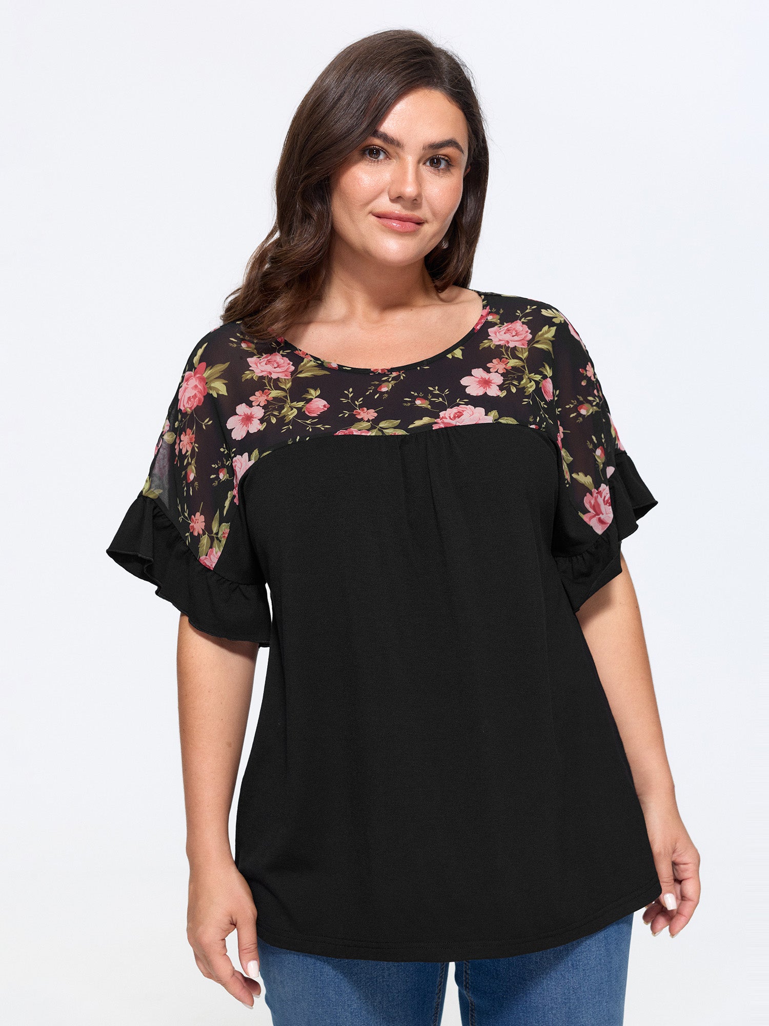 Supersoft Floral Print Ruffle Sleeve Patchwork Top