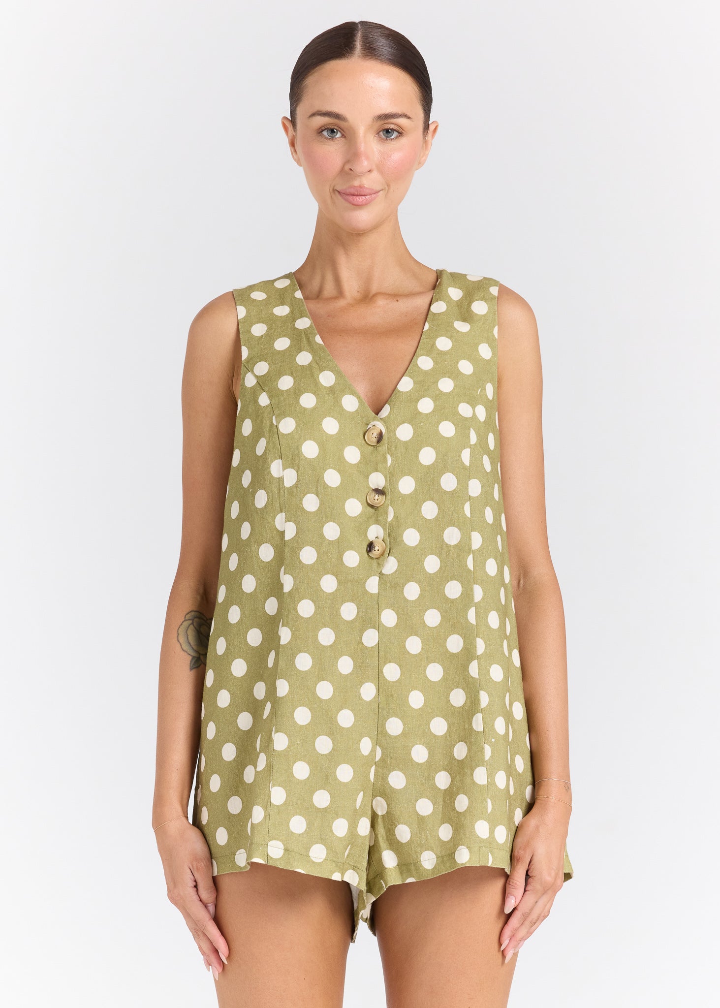 Poolside Paradiso Cedar Seaside V Button Up Romper