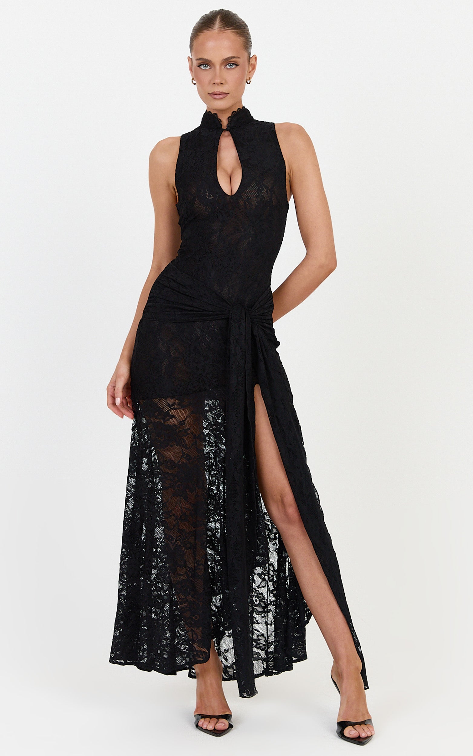 Nyla Midi Dress - Sleeveless Collared Keyhole Lace Hip Tie Dress in Black