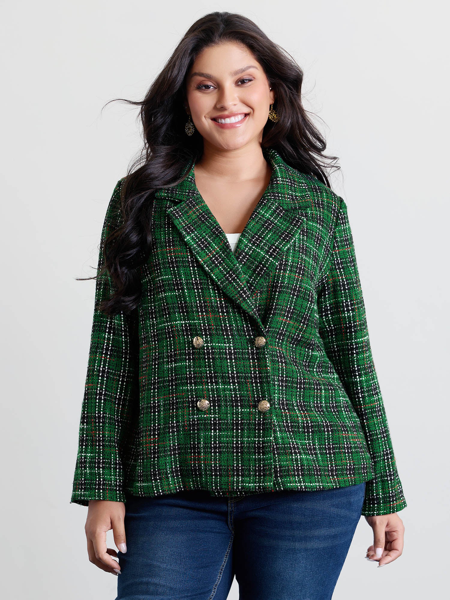 Tweed Plaid Double Button Blazer