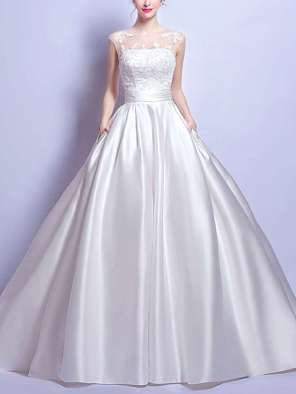 Elegant Jewel Neck Court Train Ball Gown Satin Wedding Dresses with Pockets