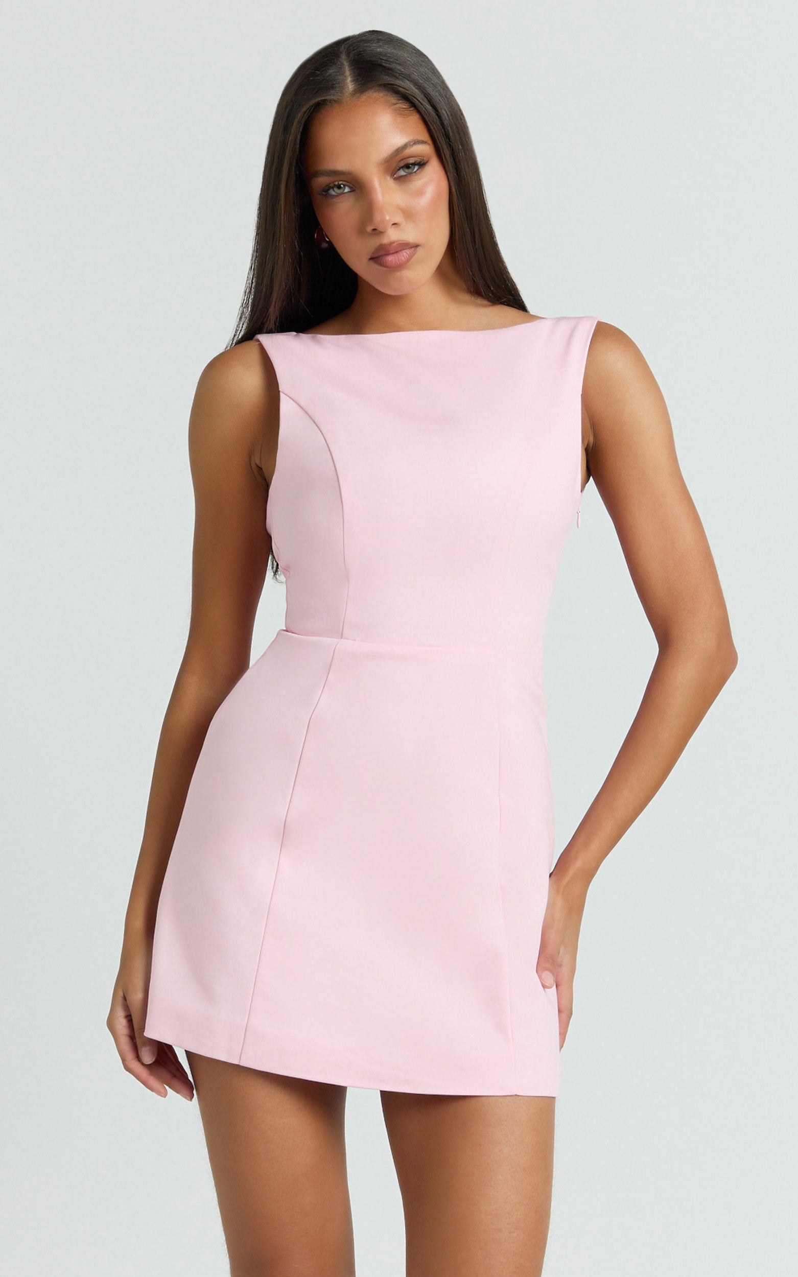 Windsor Mini Dress - Boatneck A-Line Skirt Back Bow Dress in Pale Pink