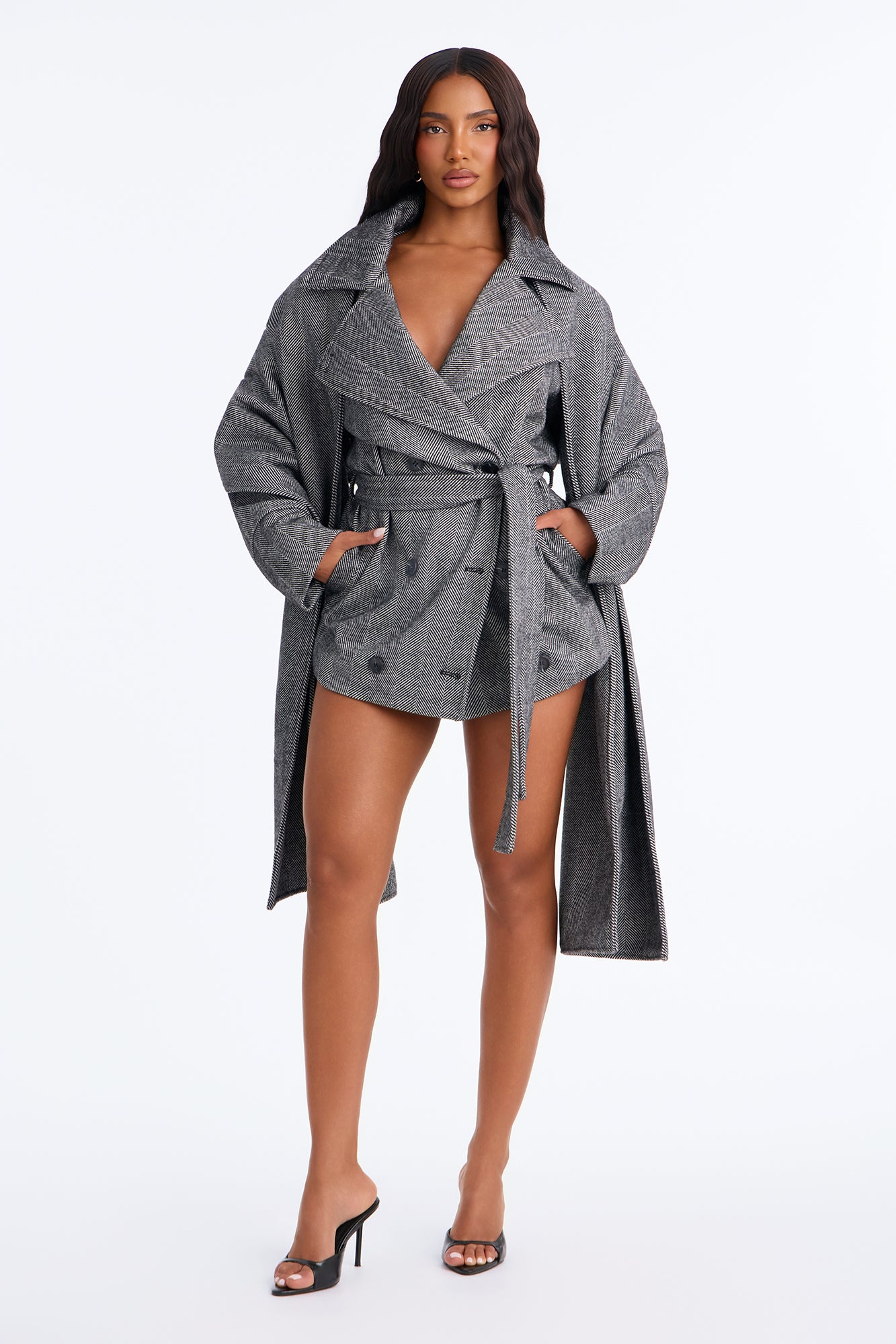 Belen Belted Double Breasted Coat - Grey/combo