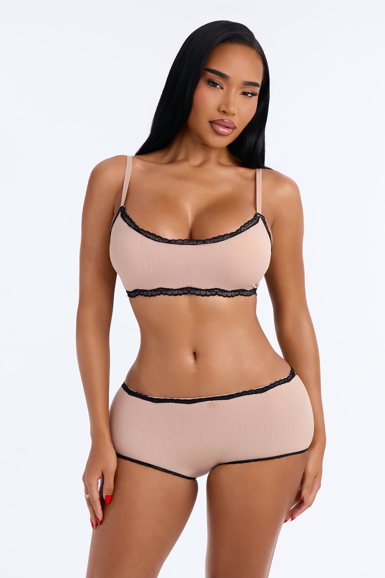 Seamless Lace Trim Ribbed Comfort Bralette - Nude/combo